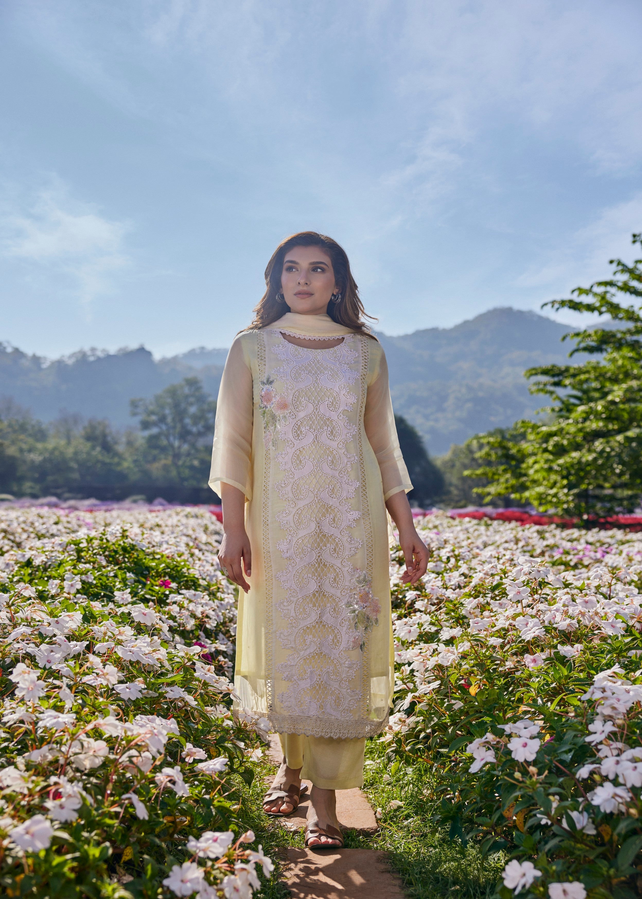 Pastel Yellow Embroidered Soft Organza Pant Set