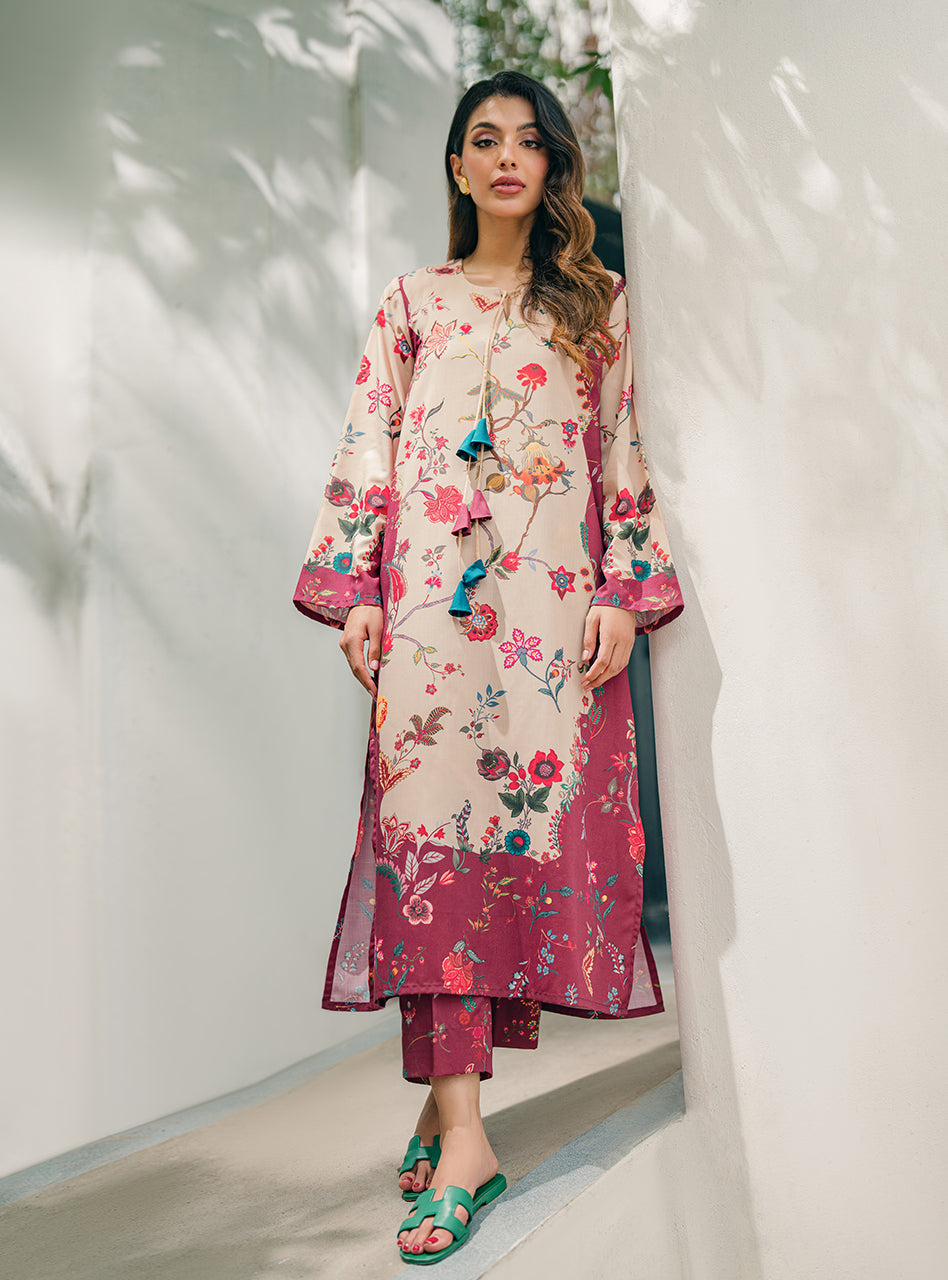 Creamy Wine Natural Crepe Kurta & Pant Set