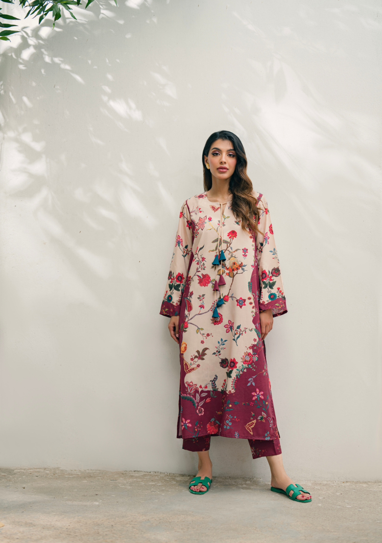 Creamy Wine Natural Crepe Kurta & Pant Set