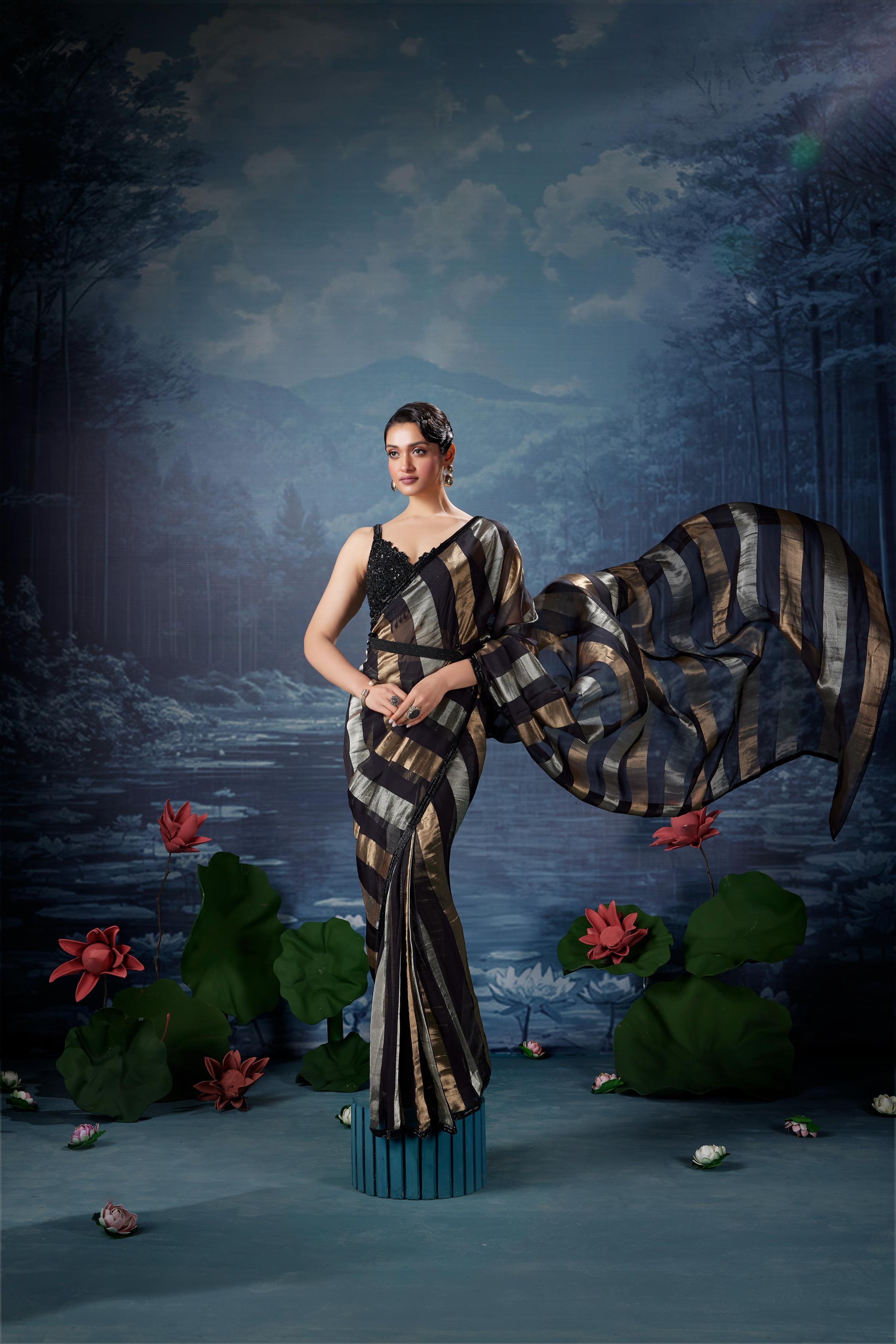 Charcoal Black Embellished Shimmer Tissue Silk Saree