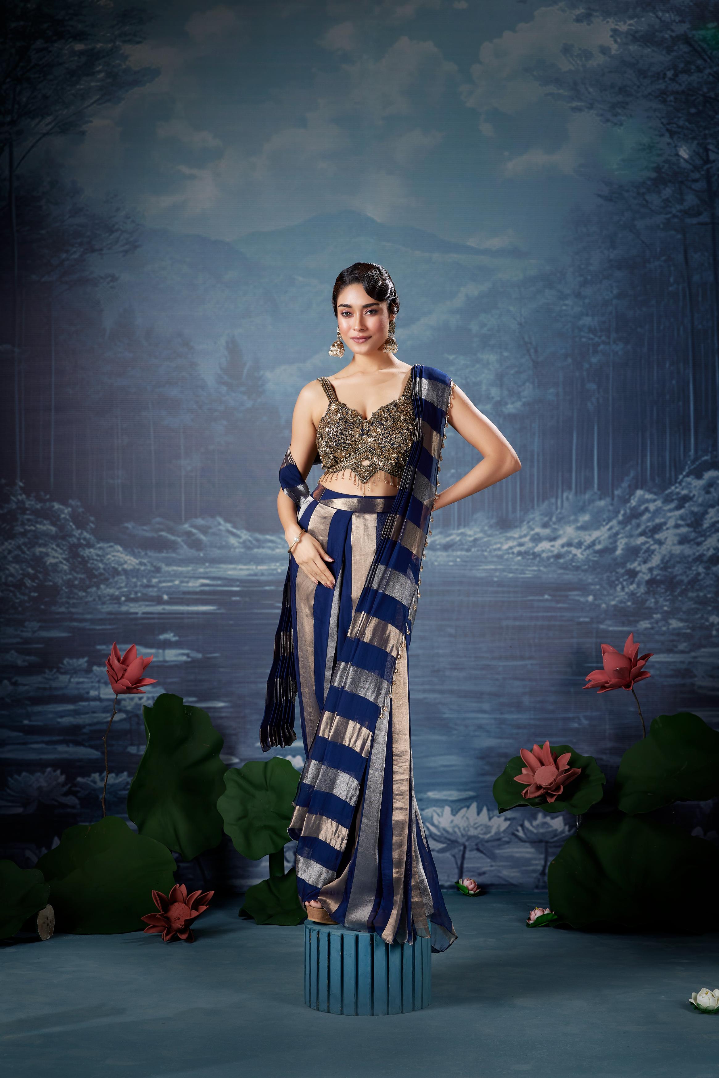 Navy Blue Embellished Shimmer Tissue Silk Drape Saree