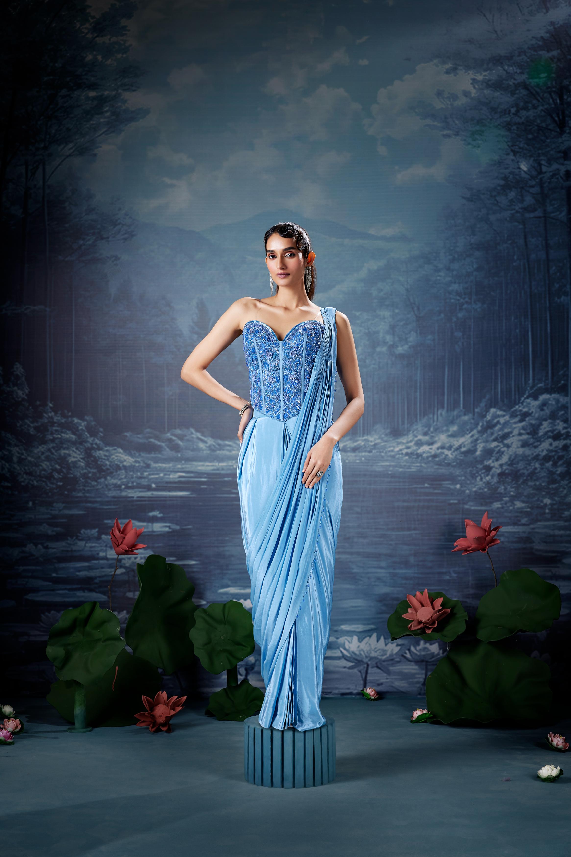 Sky Blue Embellished Satin Silk Drape Saree