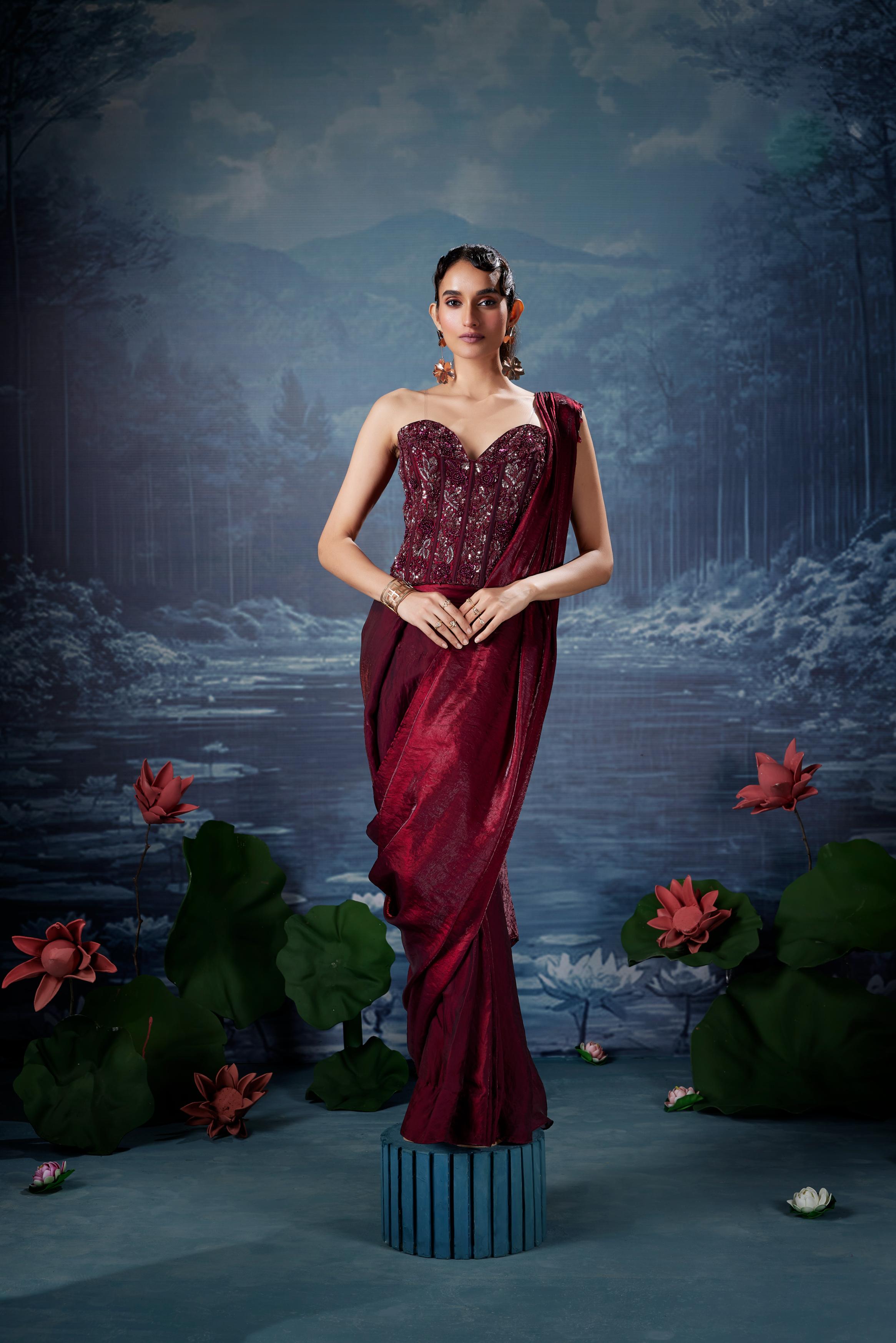 Ruby Red Embellished Satin Silk Drape Saree