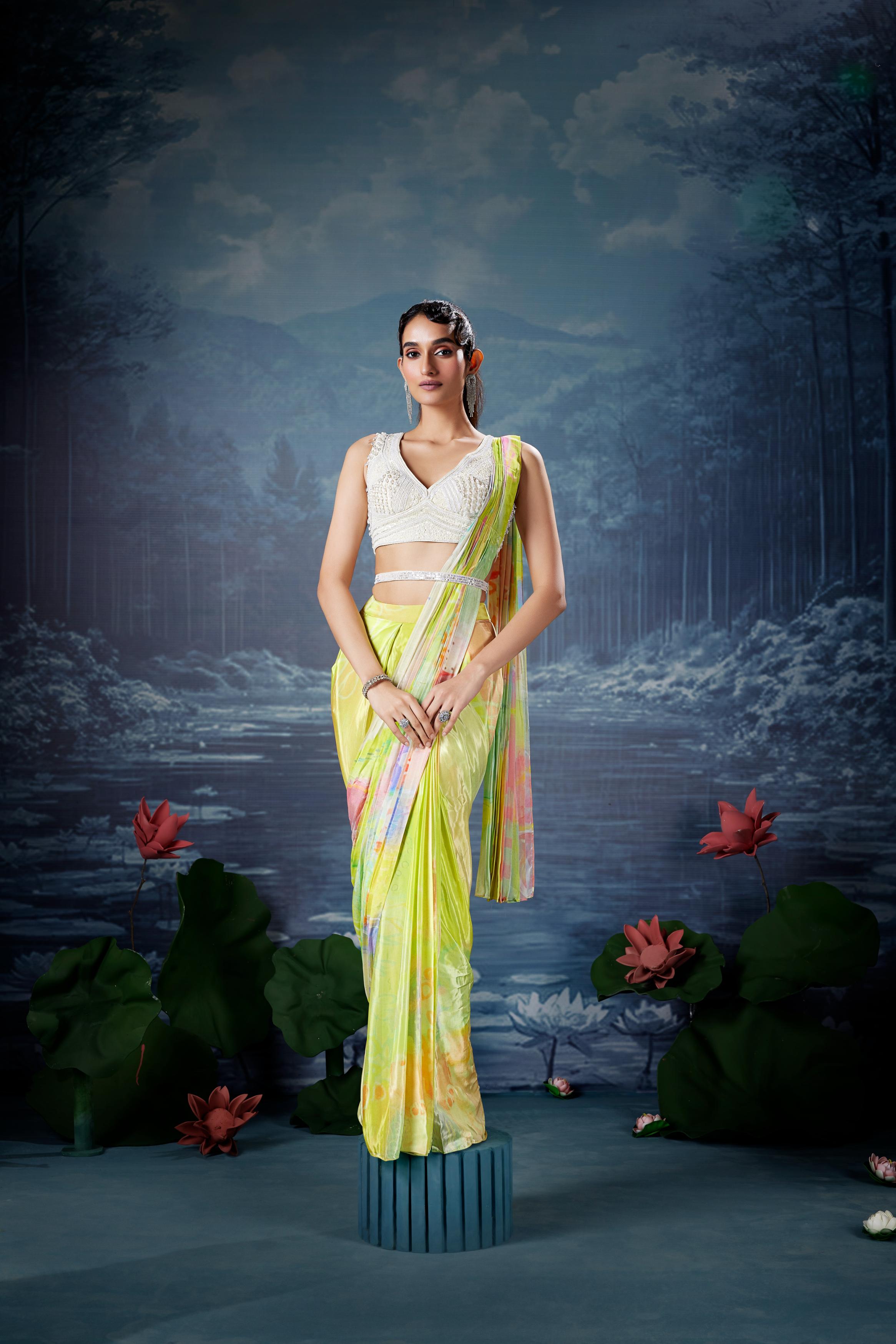 Lime Green Floral Printed Crepe Silk Saree