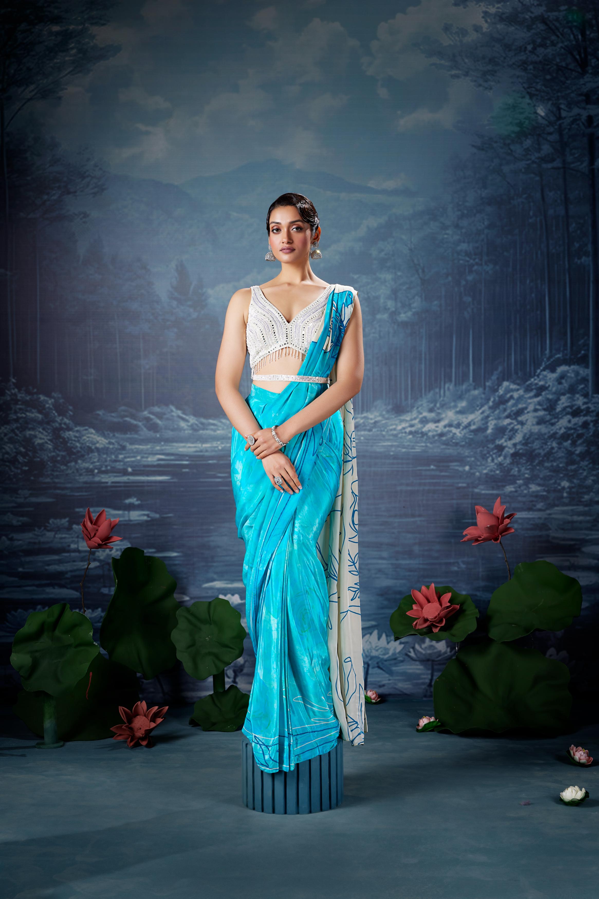 Aqua Blue Floral Printed Crepe Silk Saree