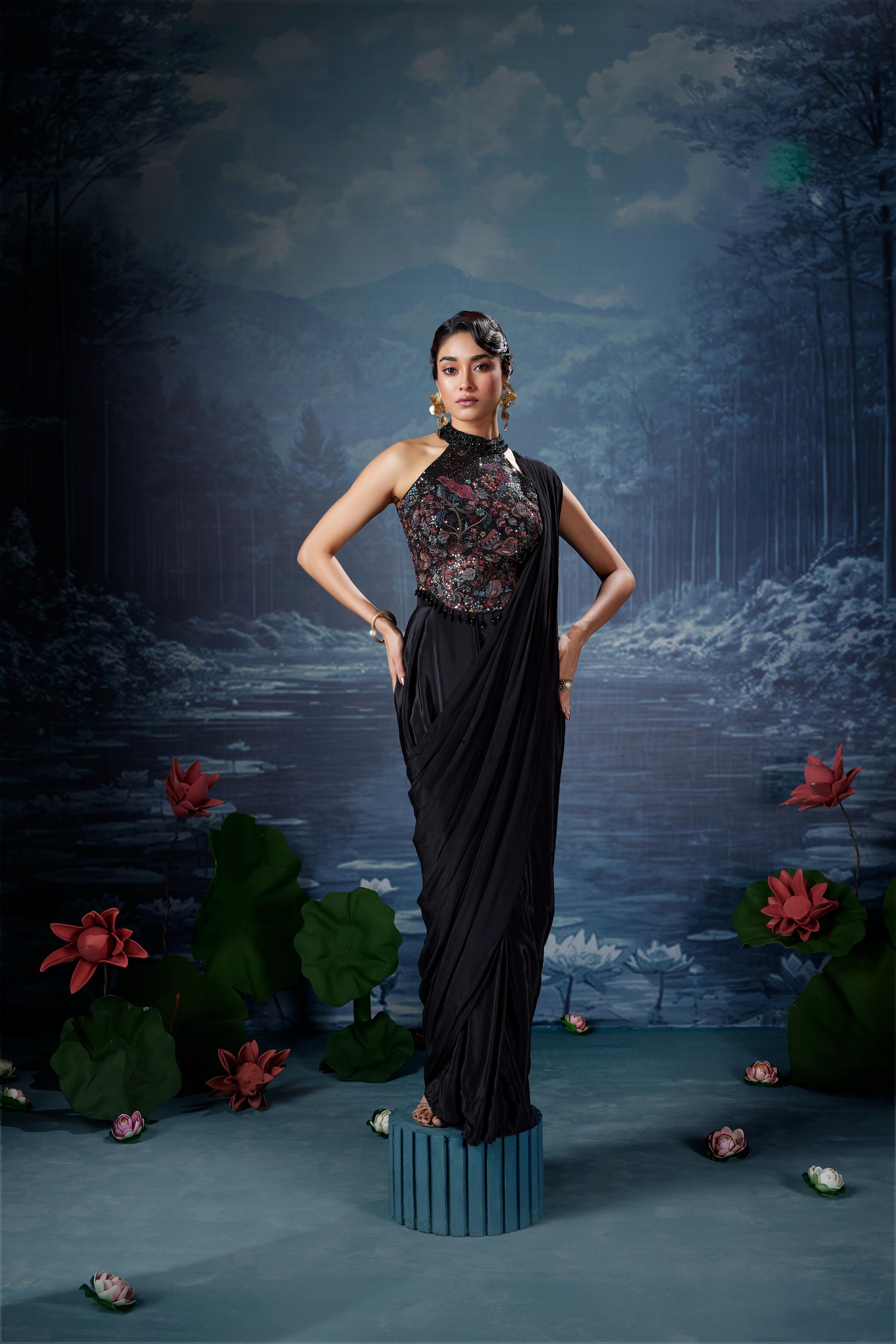 Classic Black Embellished Satin Silk Drape Saree