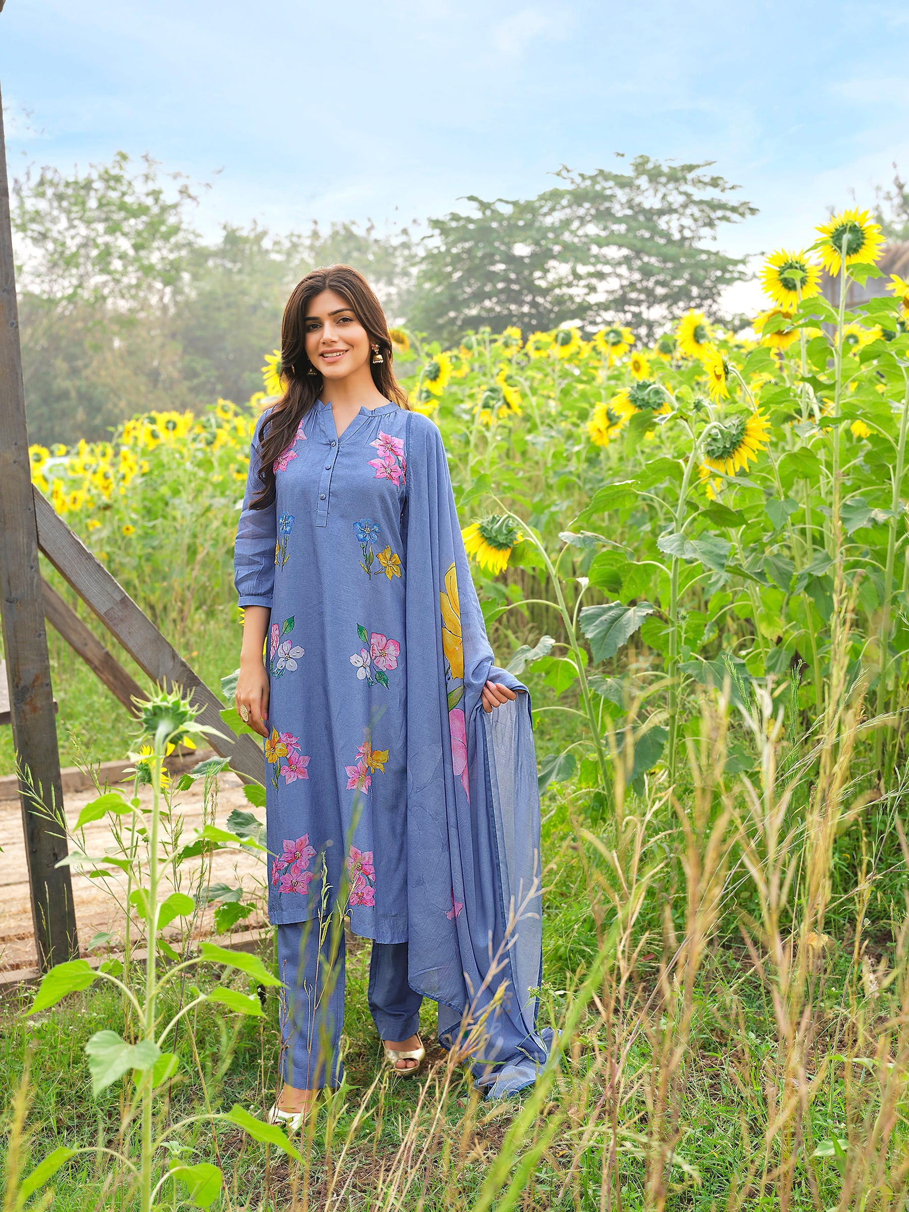 Dusty Blue Floral Printed Viscose Silk Pant Set