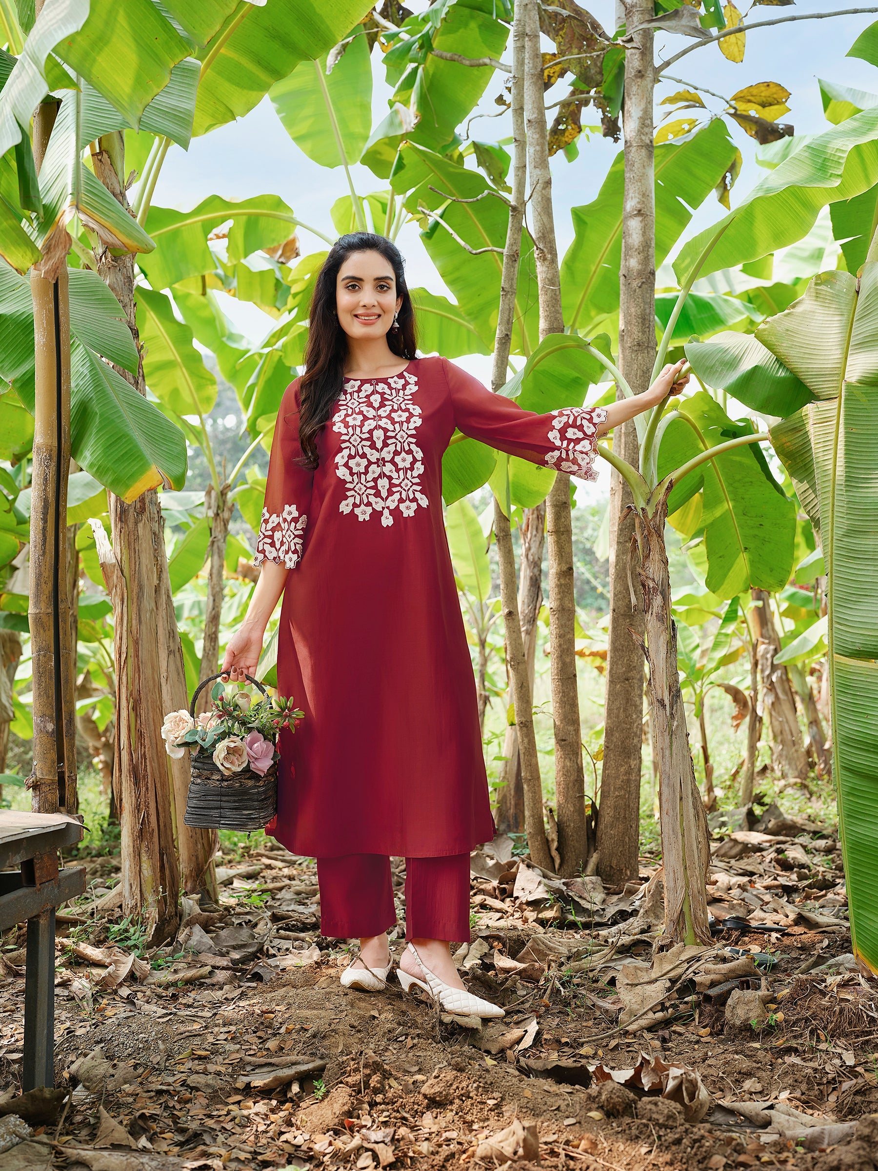 Deep Maroon Embroidered Chanderi Silk Kurta Set