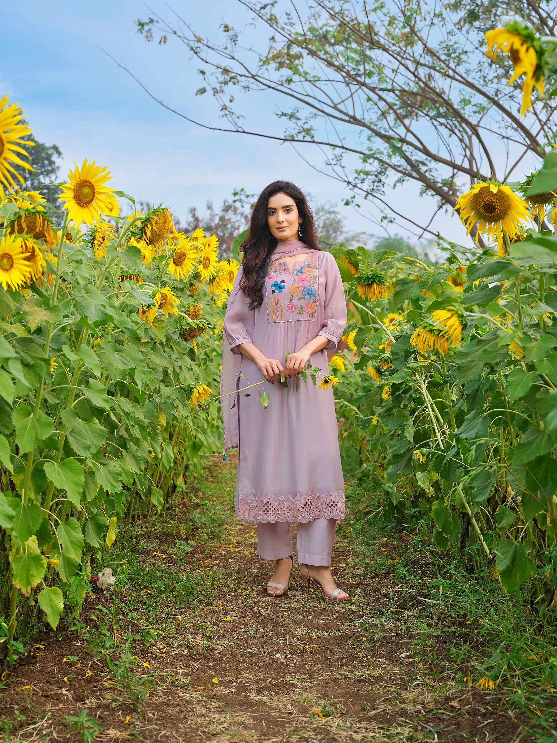 Dusty Purple Floral Embroidered Chanderi Silk Pant Set