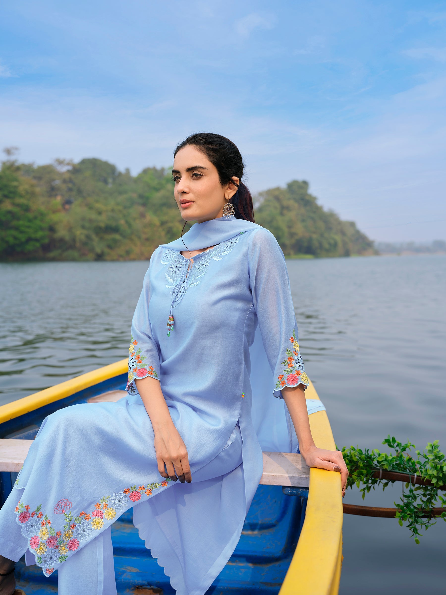 Powder Blue Floral Embroidered Chanderi Silk Pant Set