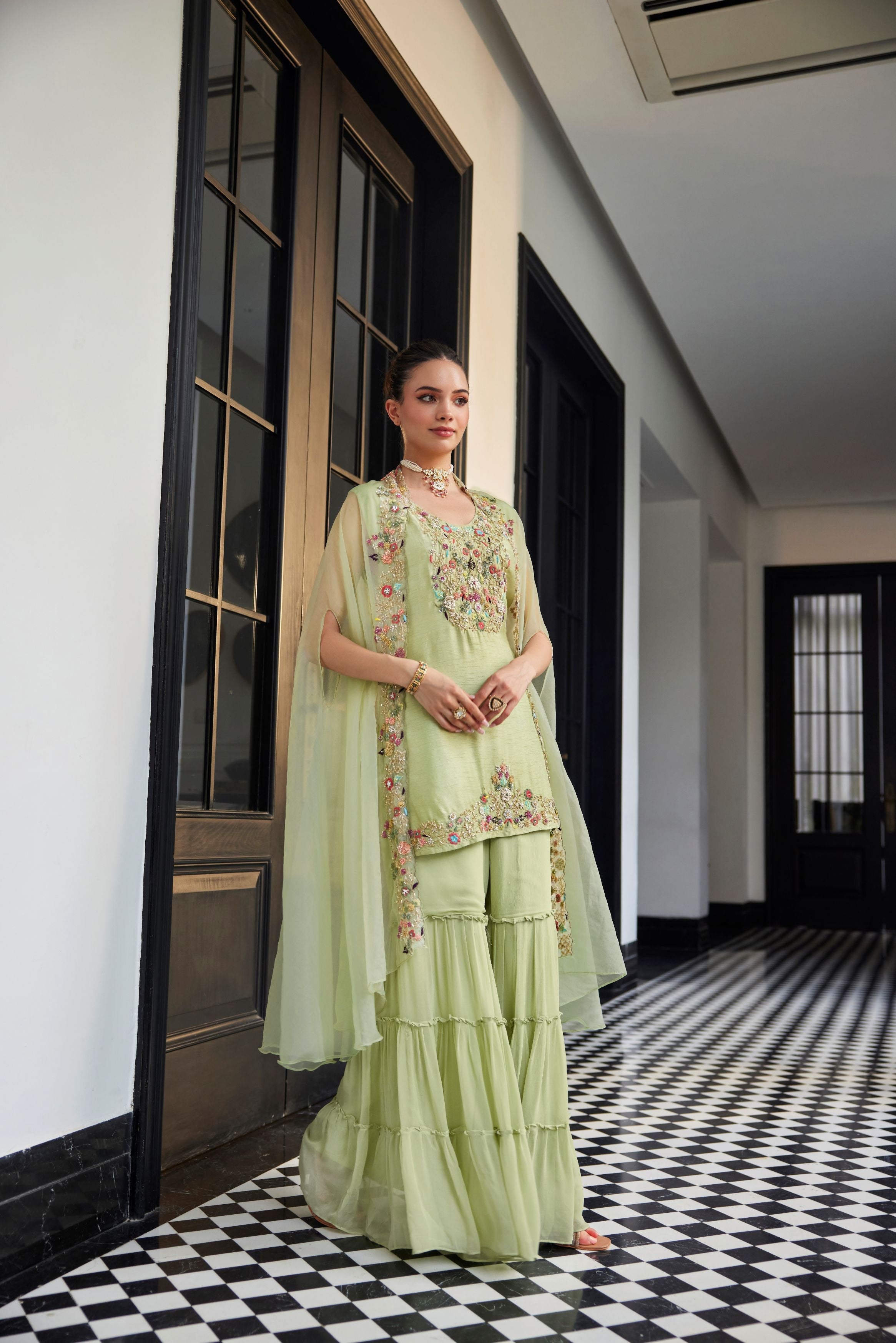 Light Green Embellished Dola Silk Sharara Set