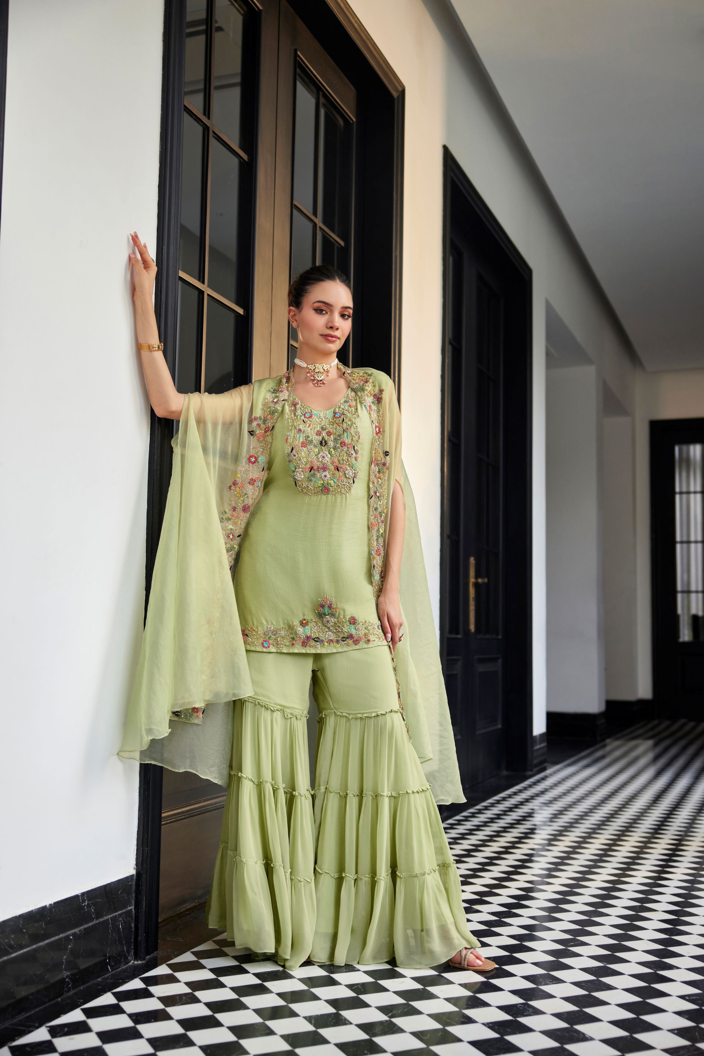 Light Green Embellished Dola Silk Sharara Set