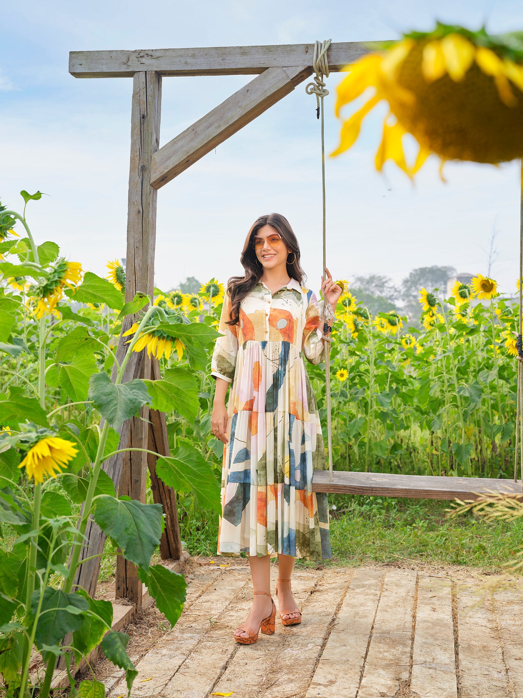 Multi-Color Abstract Print Crepe Silk Dress
