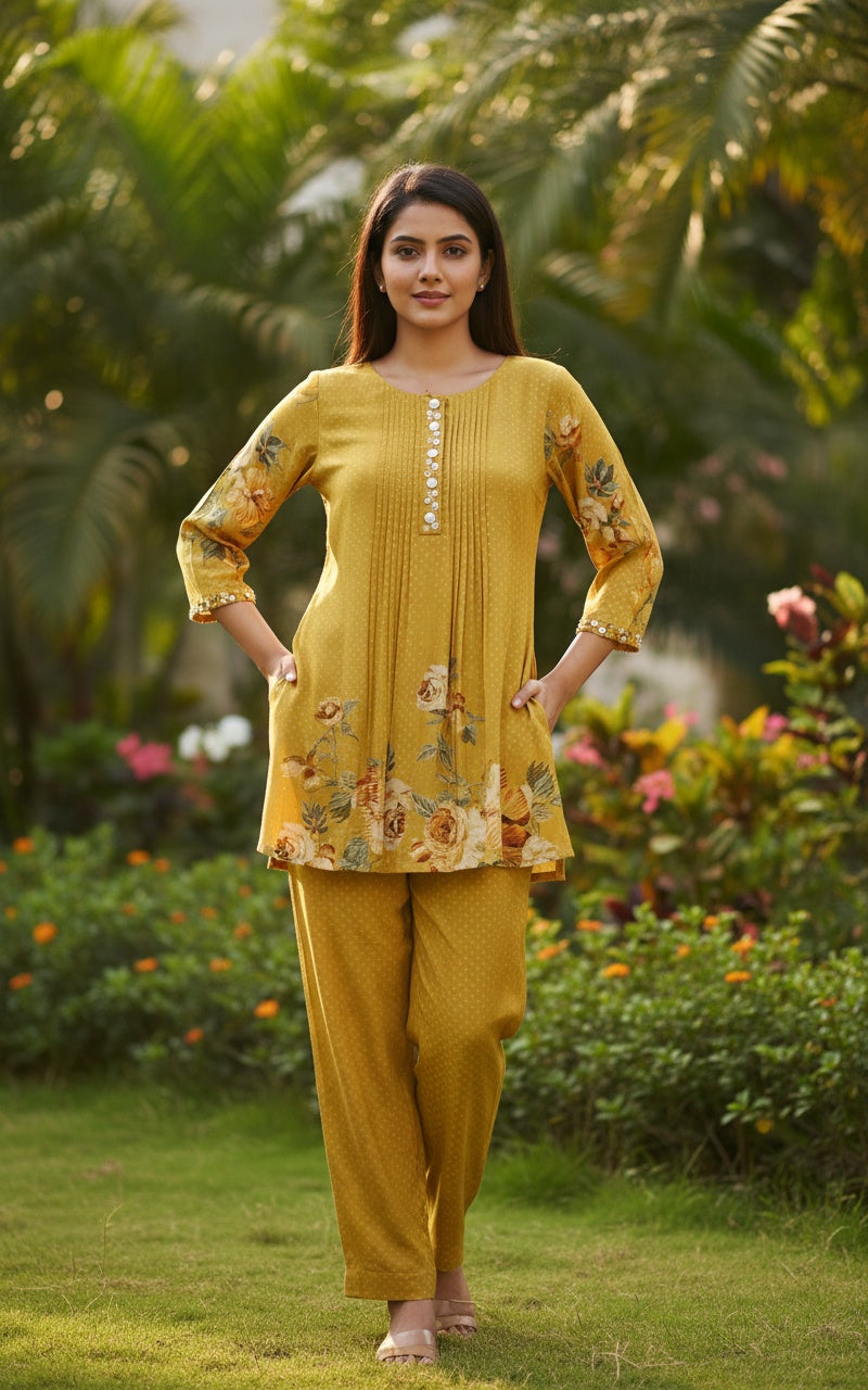 Mustard Yellow Floral Printed Crepe Silk Co-ord Set