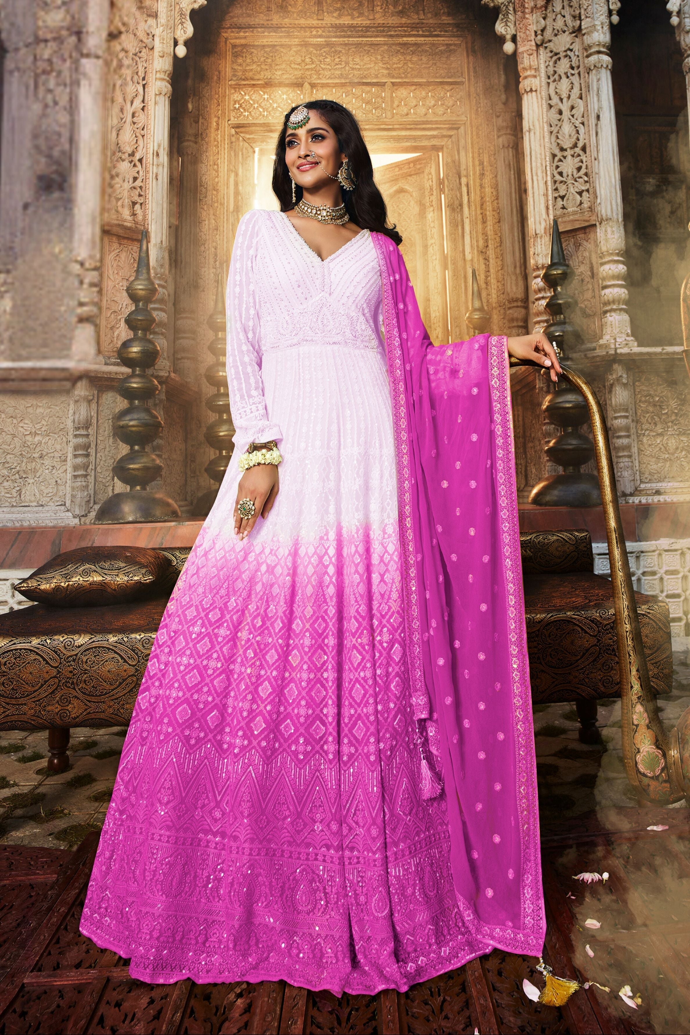 Pink Ombre-Dyed Georgette Silk Anarkali Set