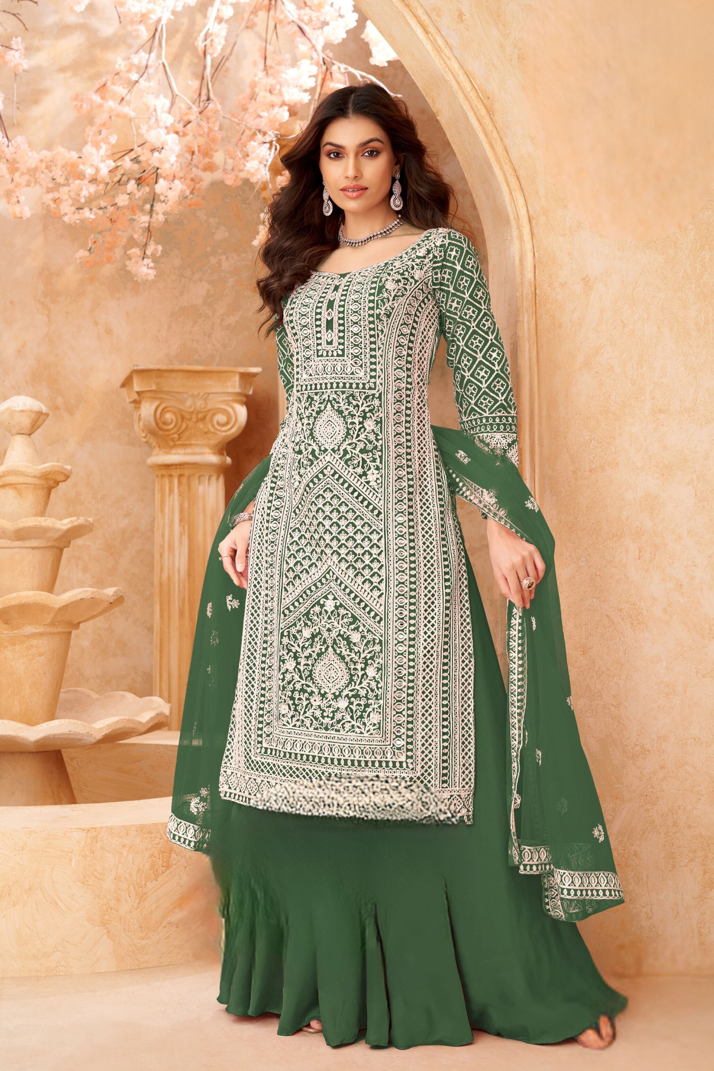 Green Embroidered Premium Net Palazzo Set