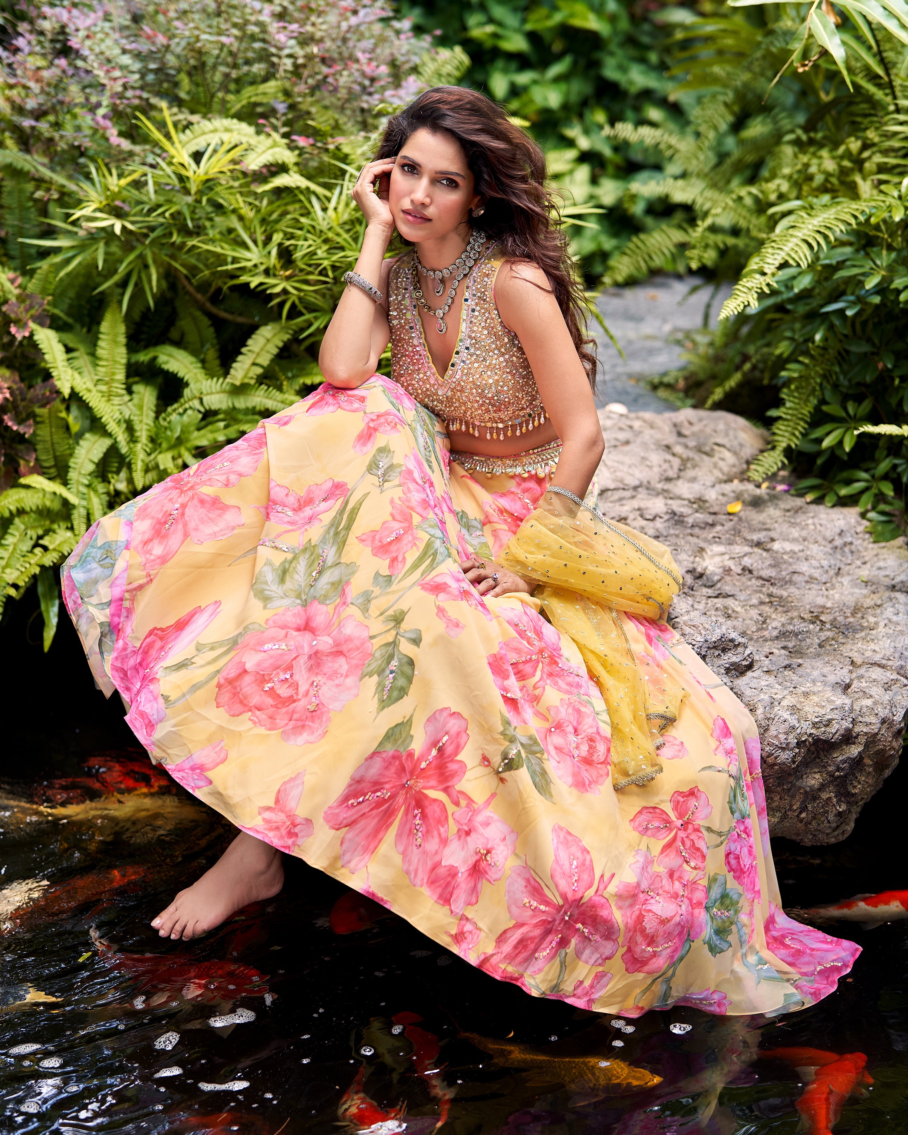 Pastel Yellow Embellished Georgette Silk Lehenga Set