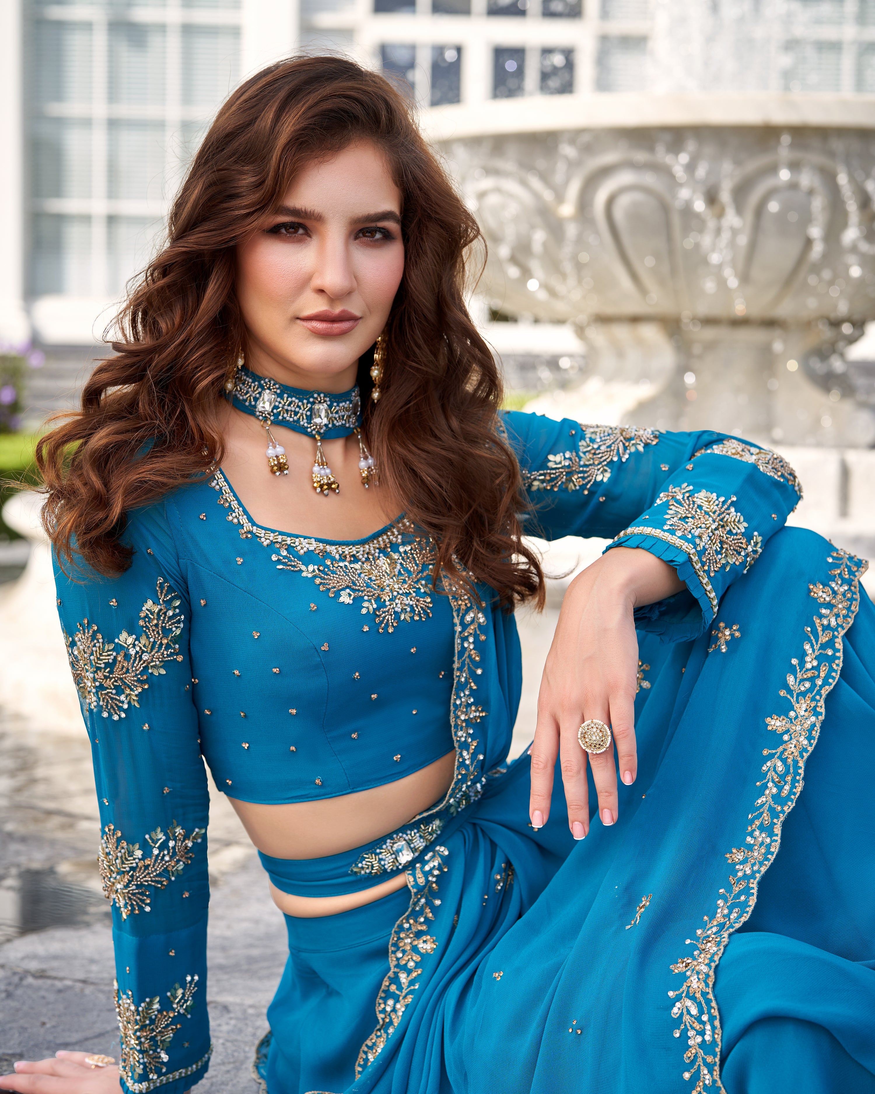 Teal Blue Embellished Georgette Lehenga Set