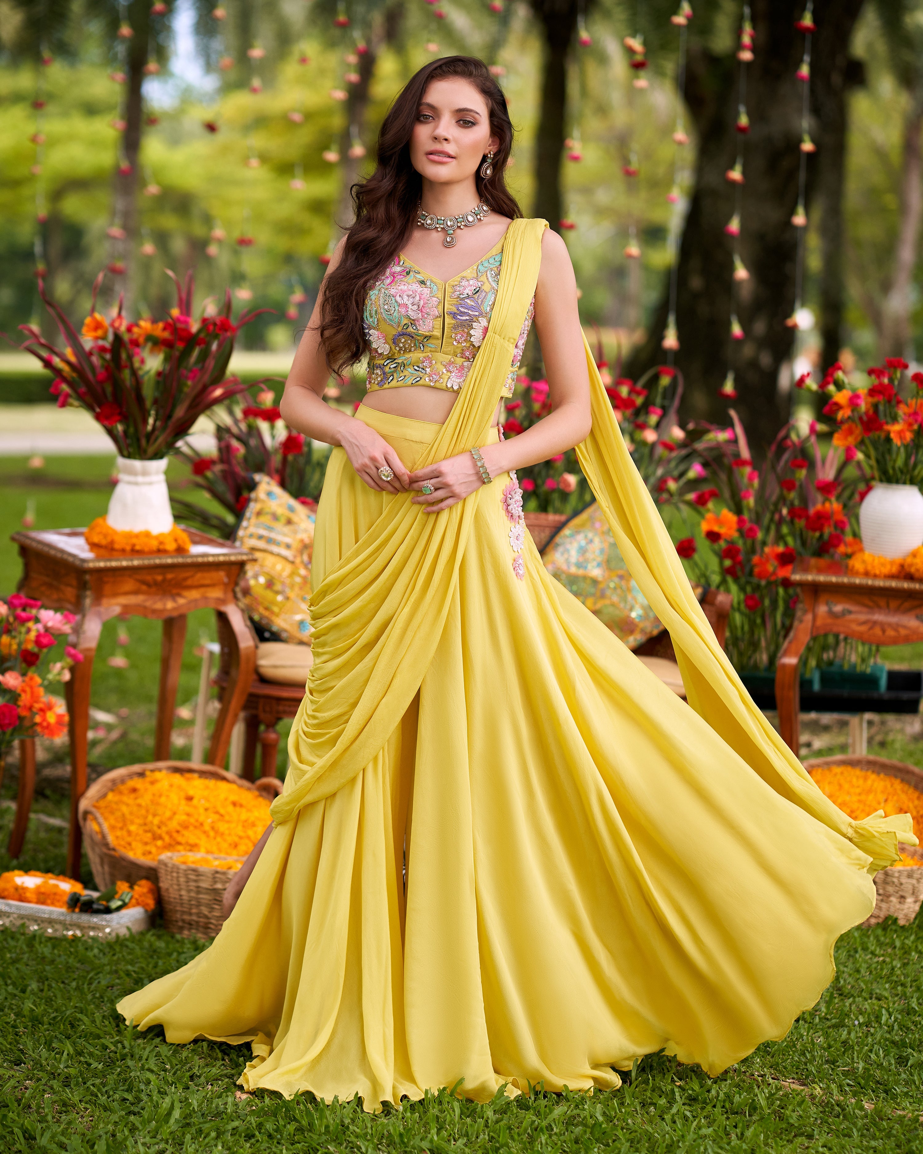 Marigold Yellow Embellished Chinon Silk Palazzo Set