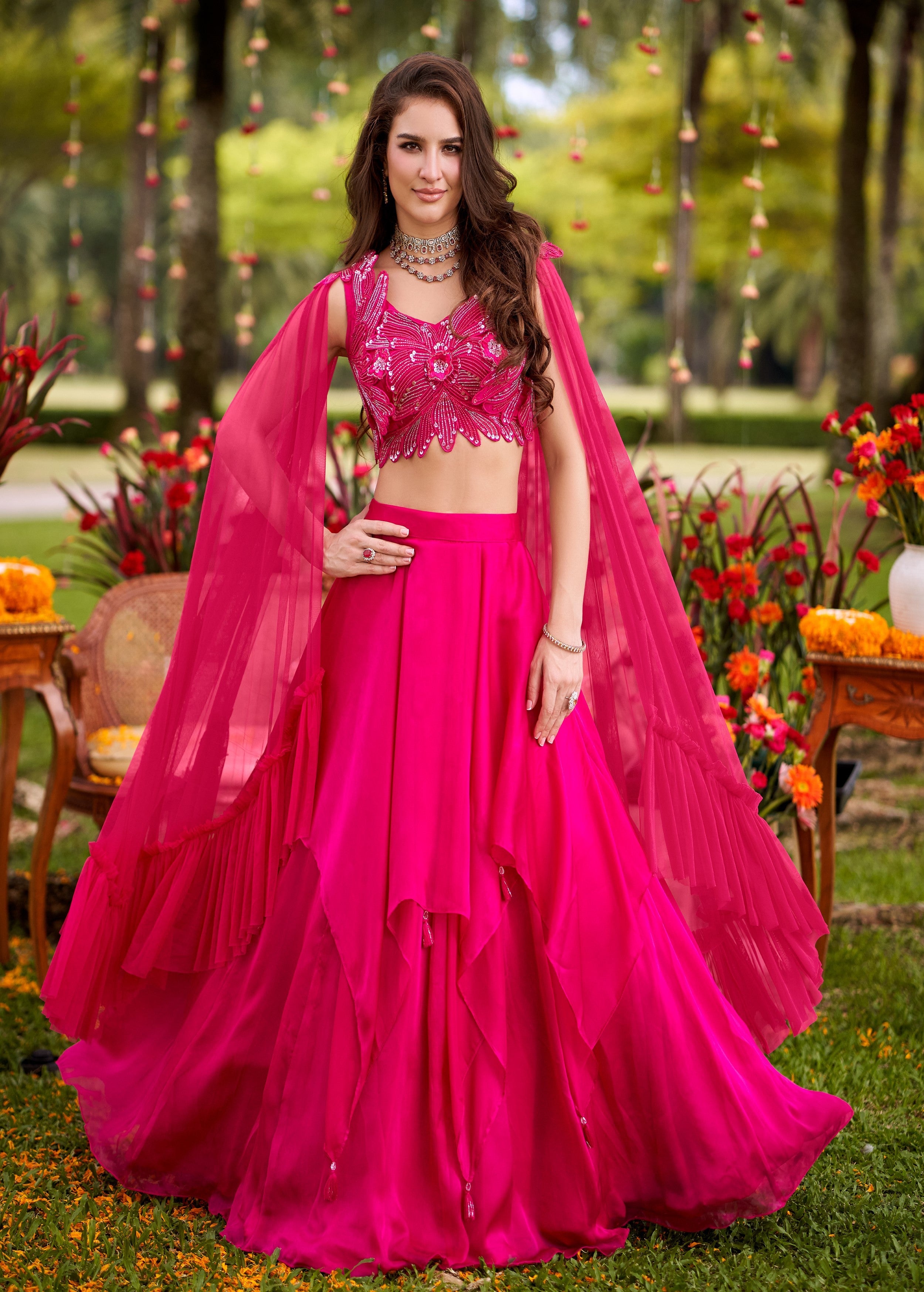 Berry Pink Embellished Imported Fabric Skirt Set