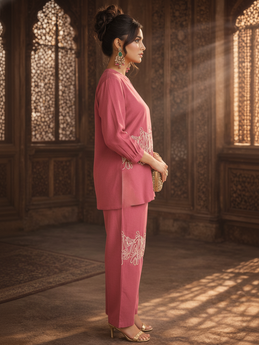 Dusky Rose Embroidered Cotton Co-Ord Set