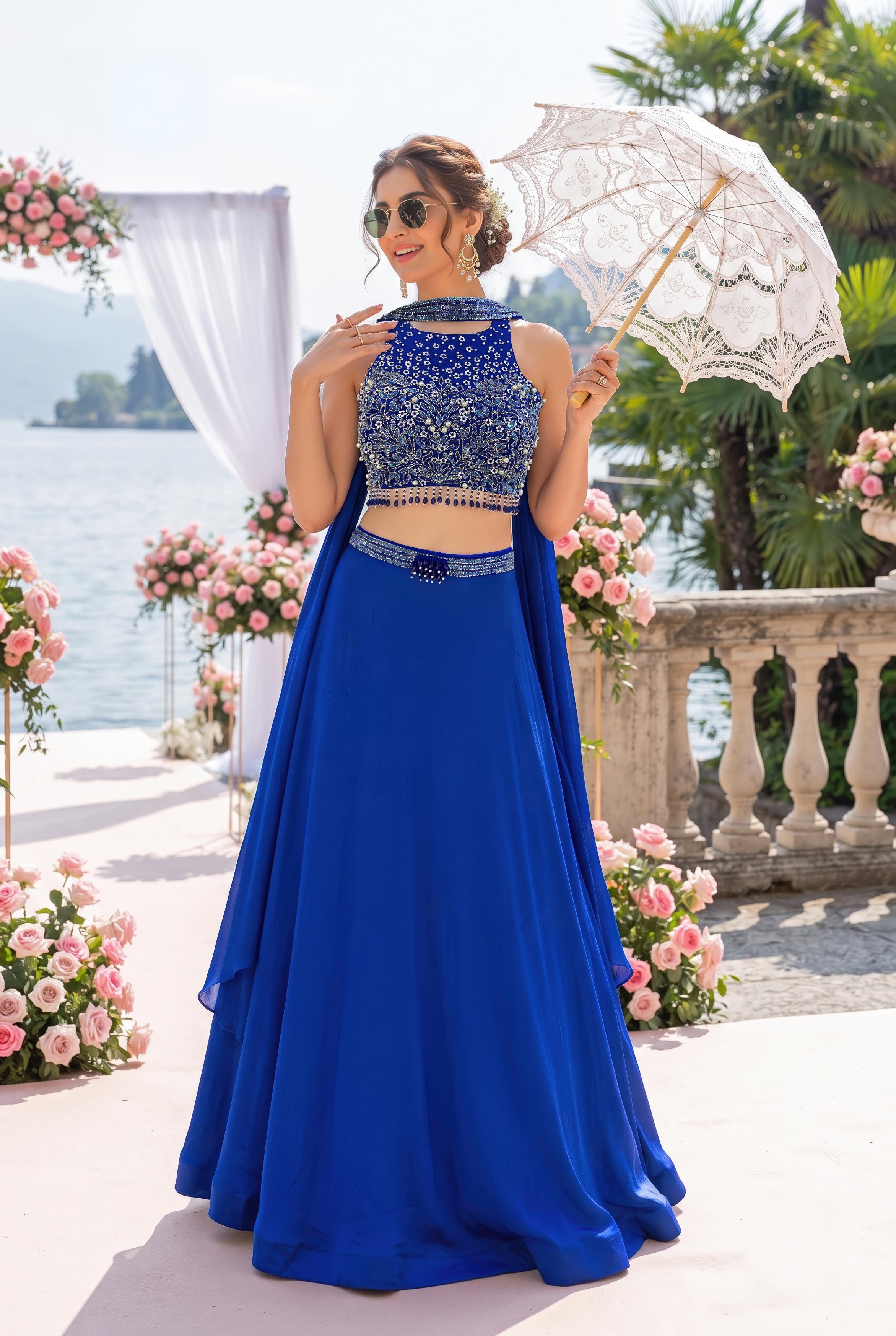 Electric Blue Embellished Crepe Silk Skirt Set