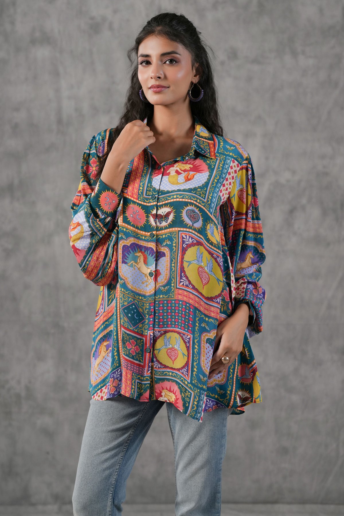 Teal Multicolor Printed Crepe Silk Shirt