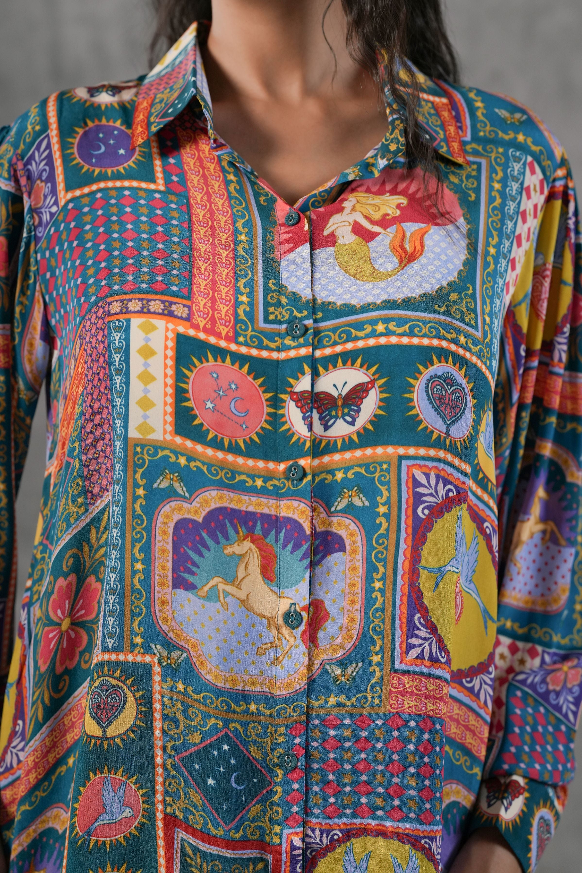 Teal Multicolor Printed Crepe Silk Shirt