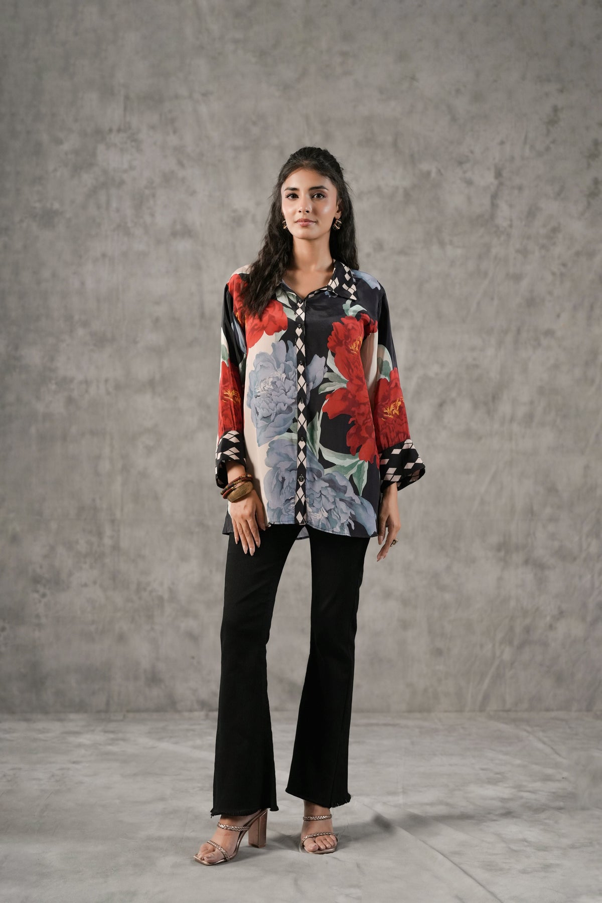 Scarlet Black Printed Crepe Silk Shirt