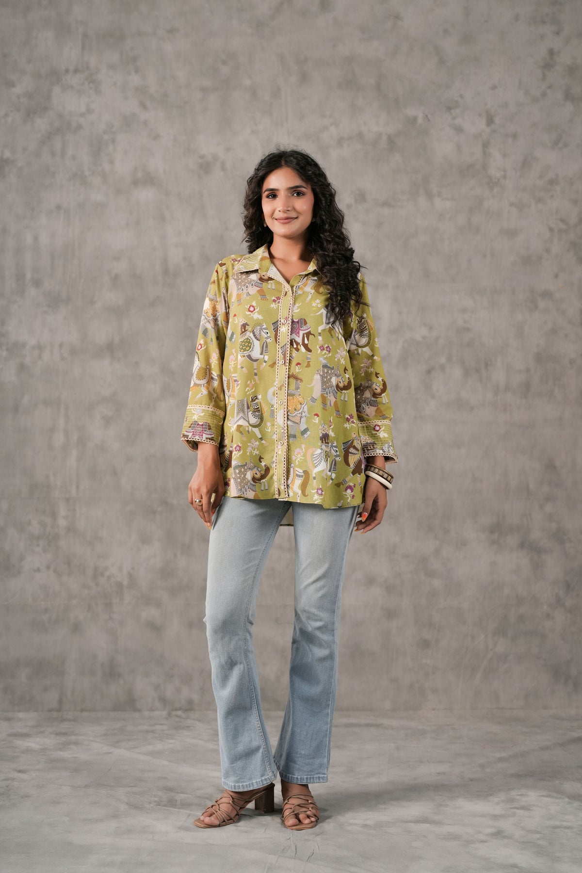 Pastel Green Printed Linen Shirt