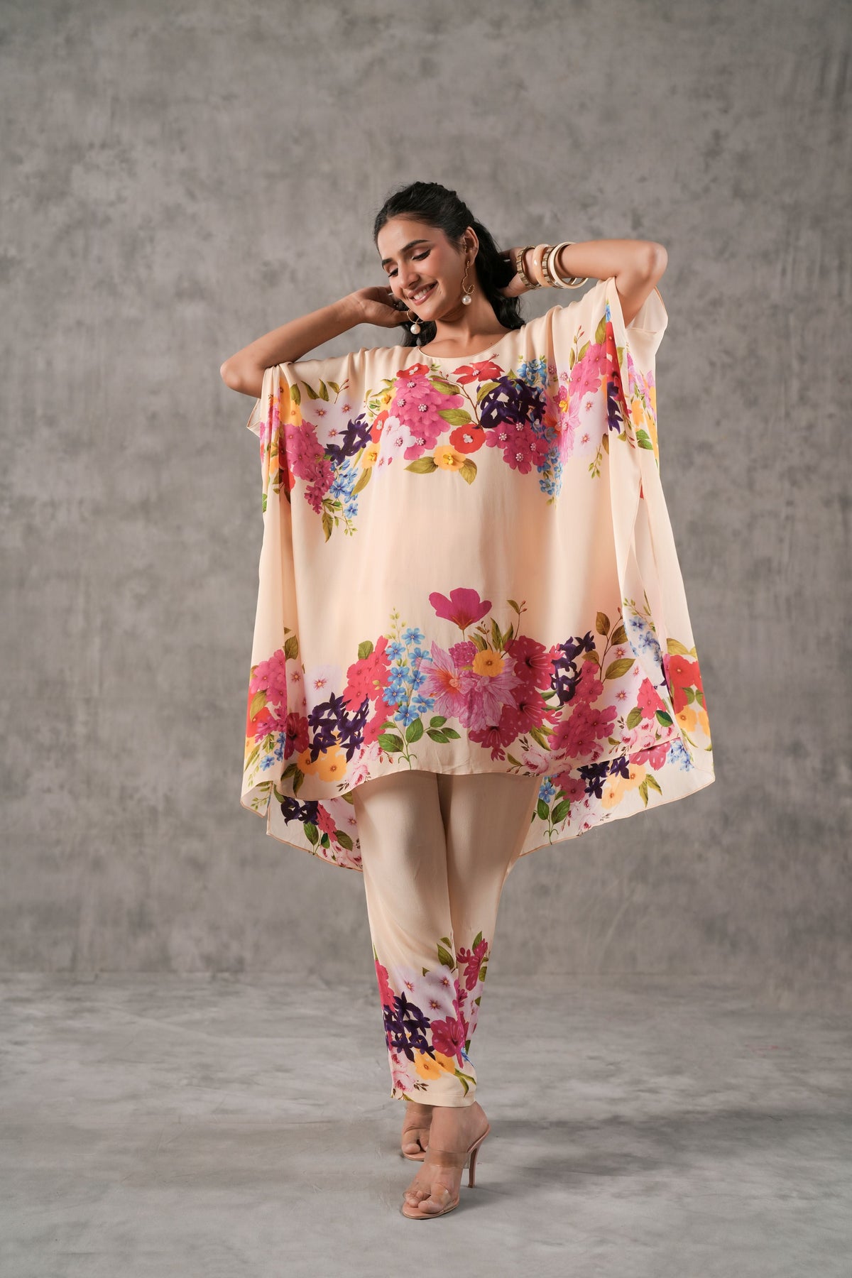 Flower Beige Printed Crepe Silk Kaftan Set