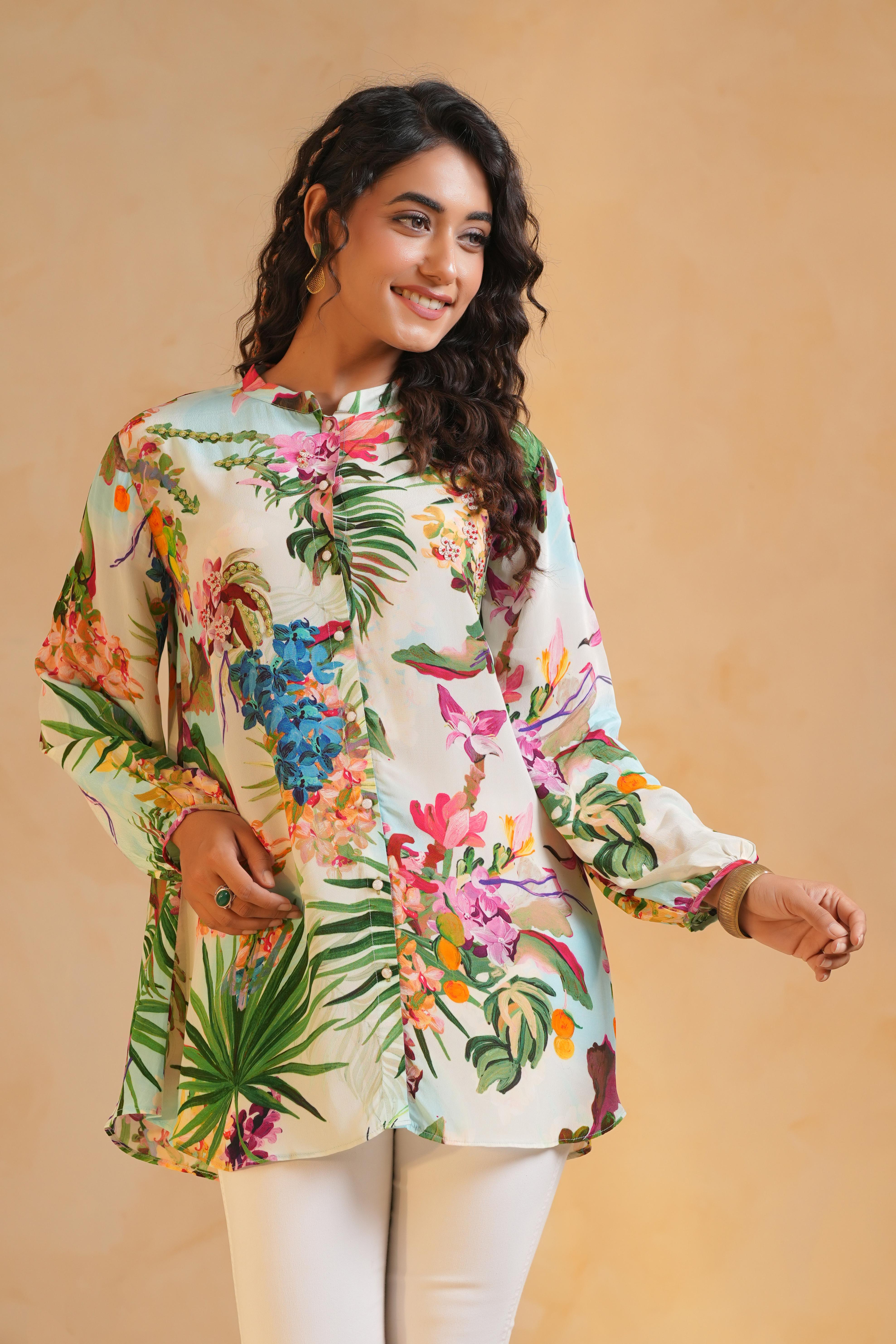 Light Cream Printed Viscose Crepe Top