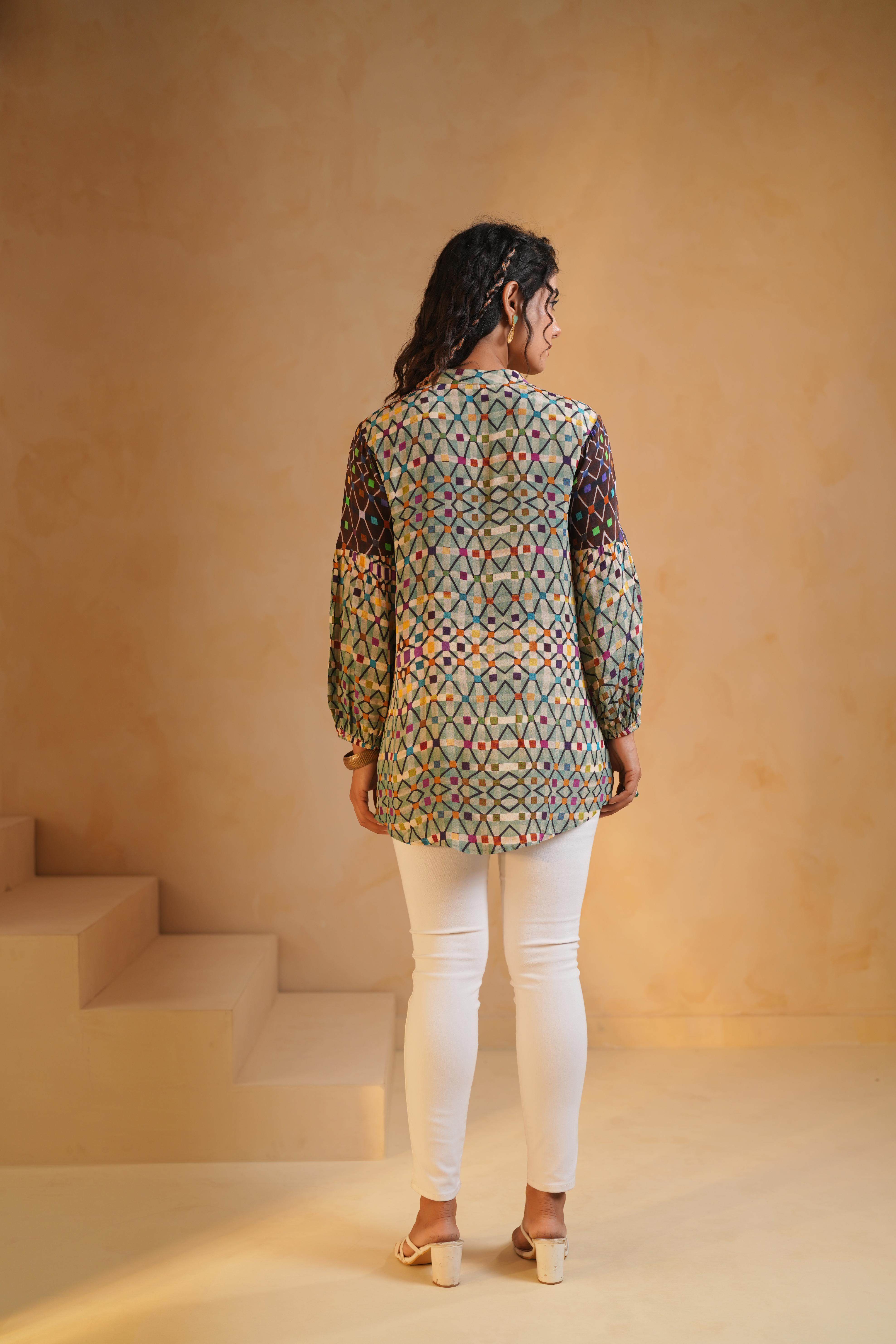 Light Green Printed Viscose Crepe Top
