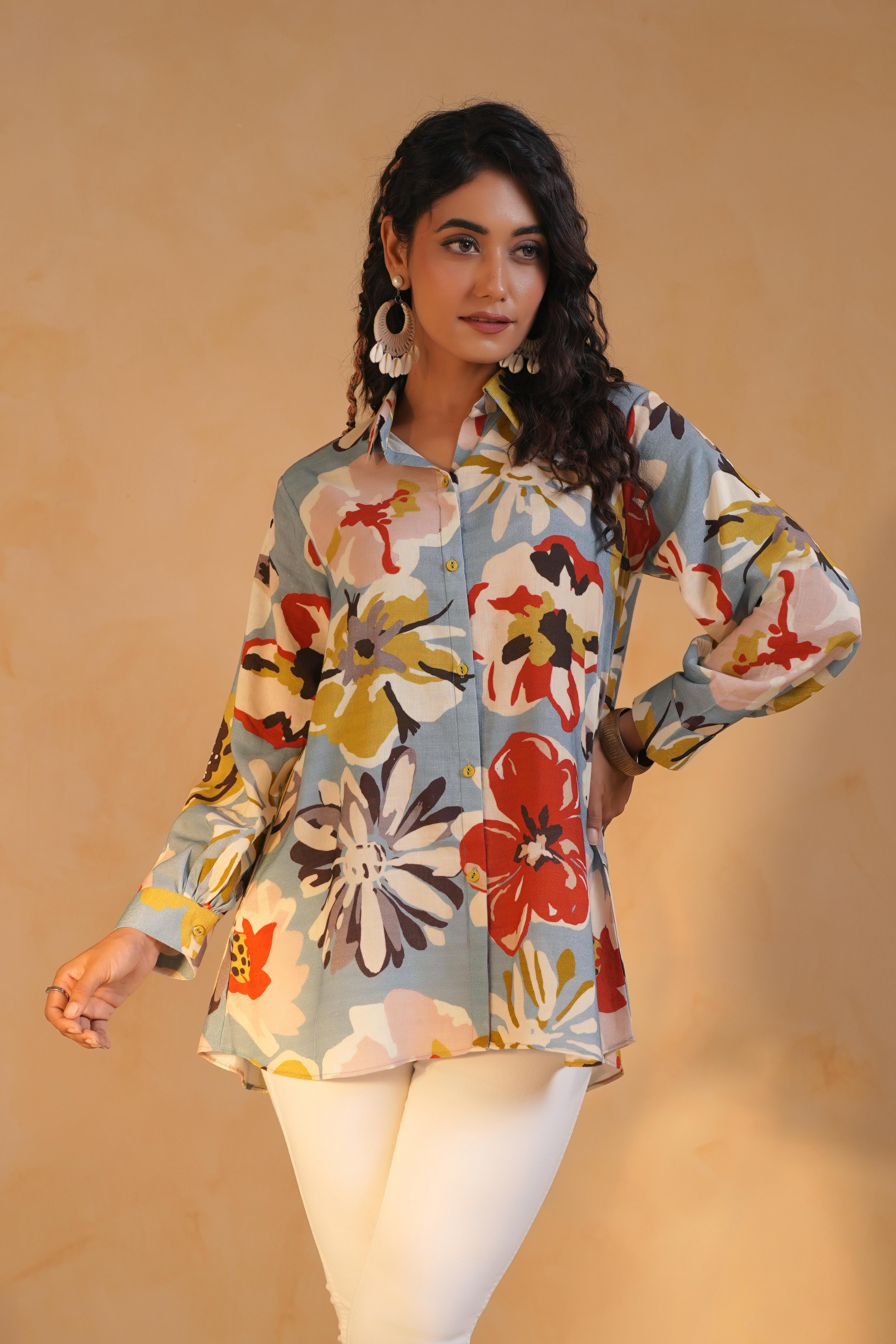 Dusty Blue Printed Linen Top