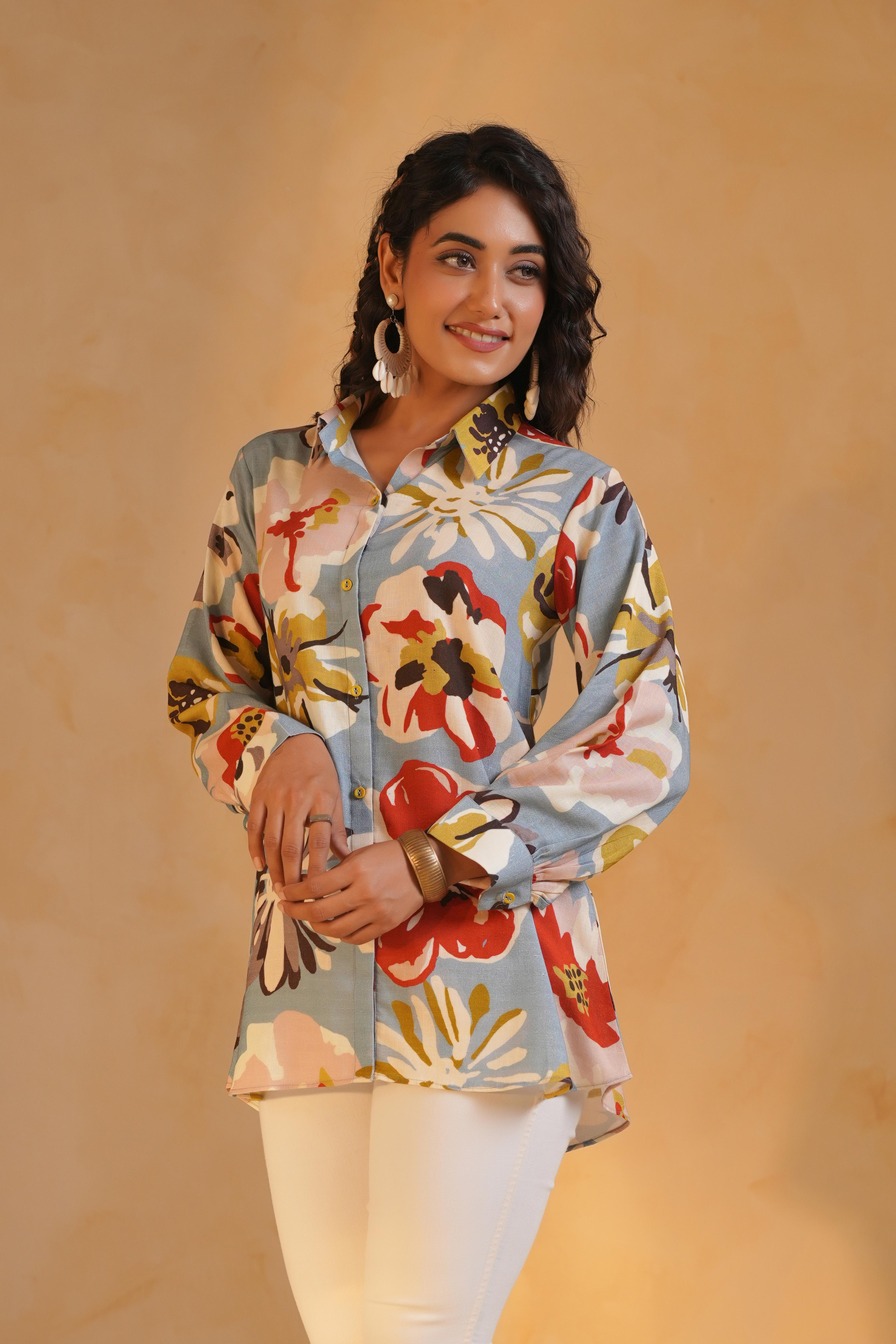 Dusty Blue Printed Linen Top