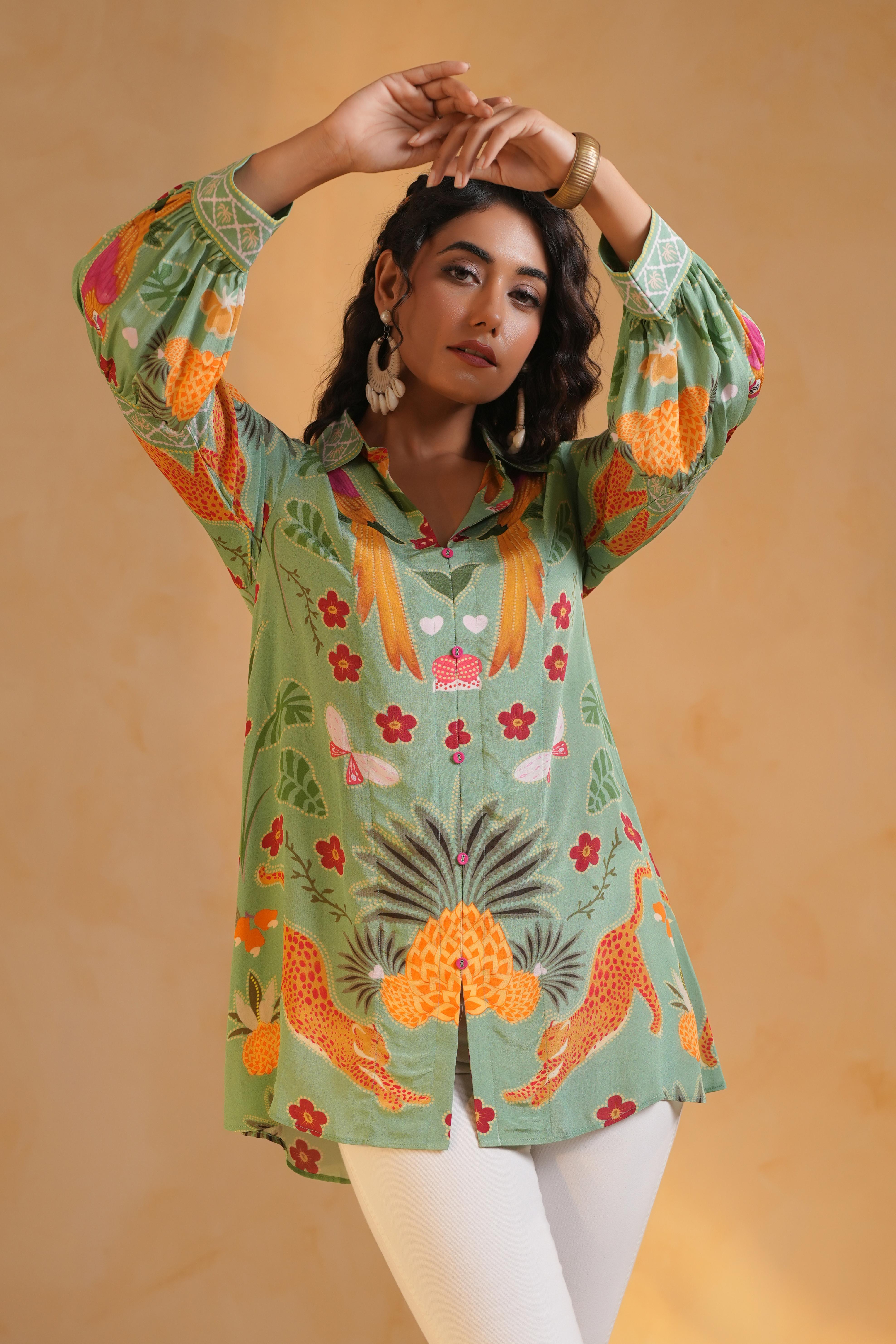 Sage Green Printed Crepe Silk Top