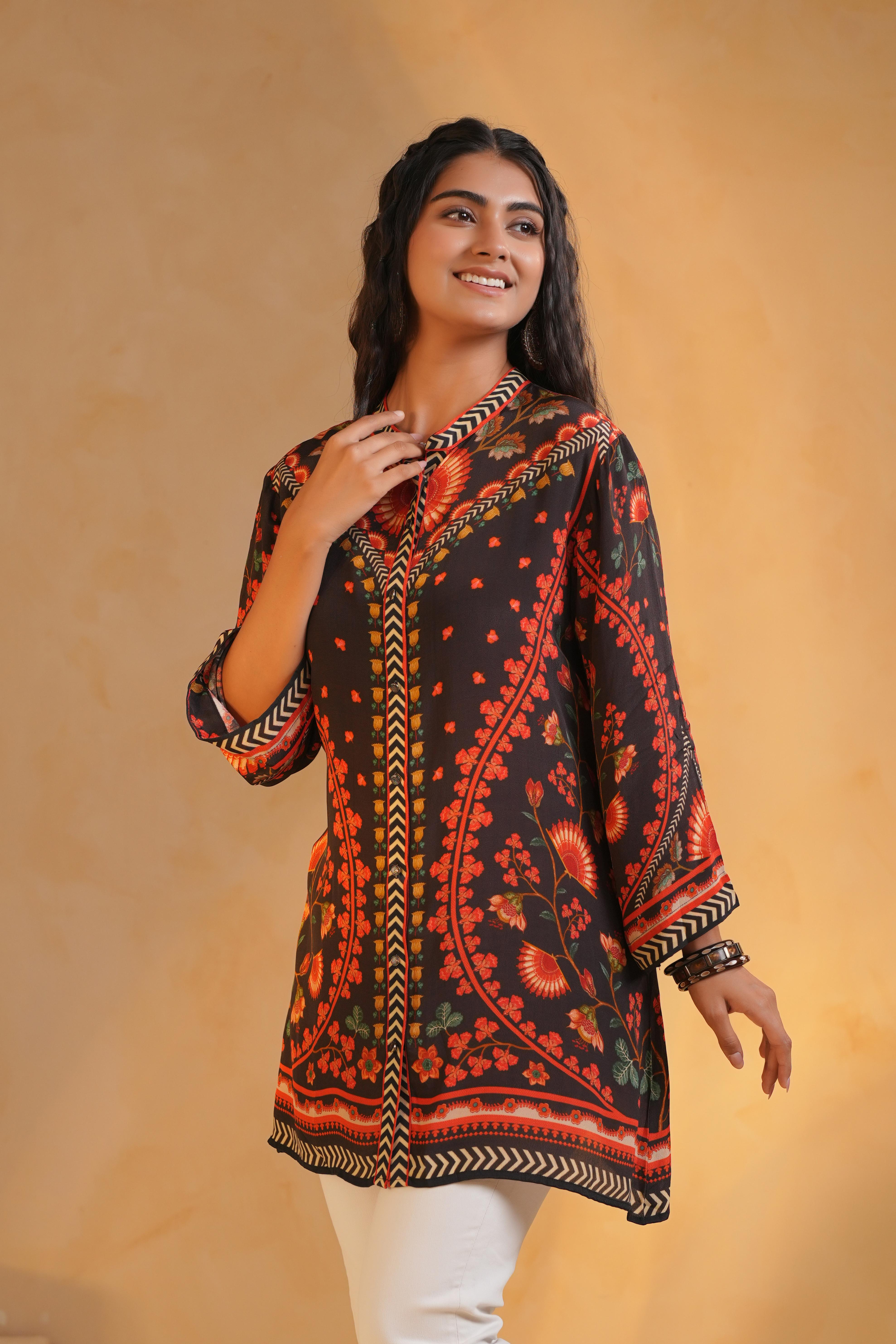 Black Printed Viscose Crepe Top