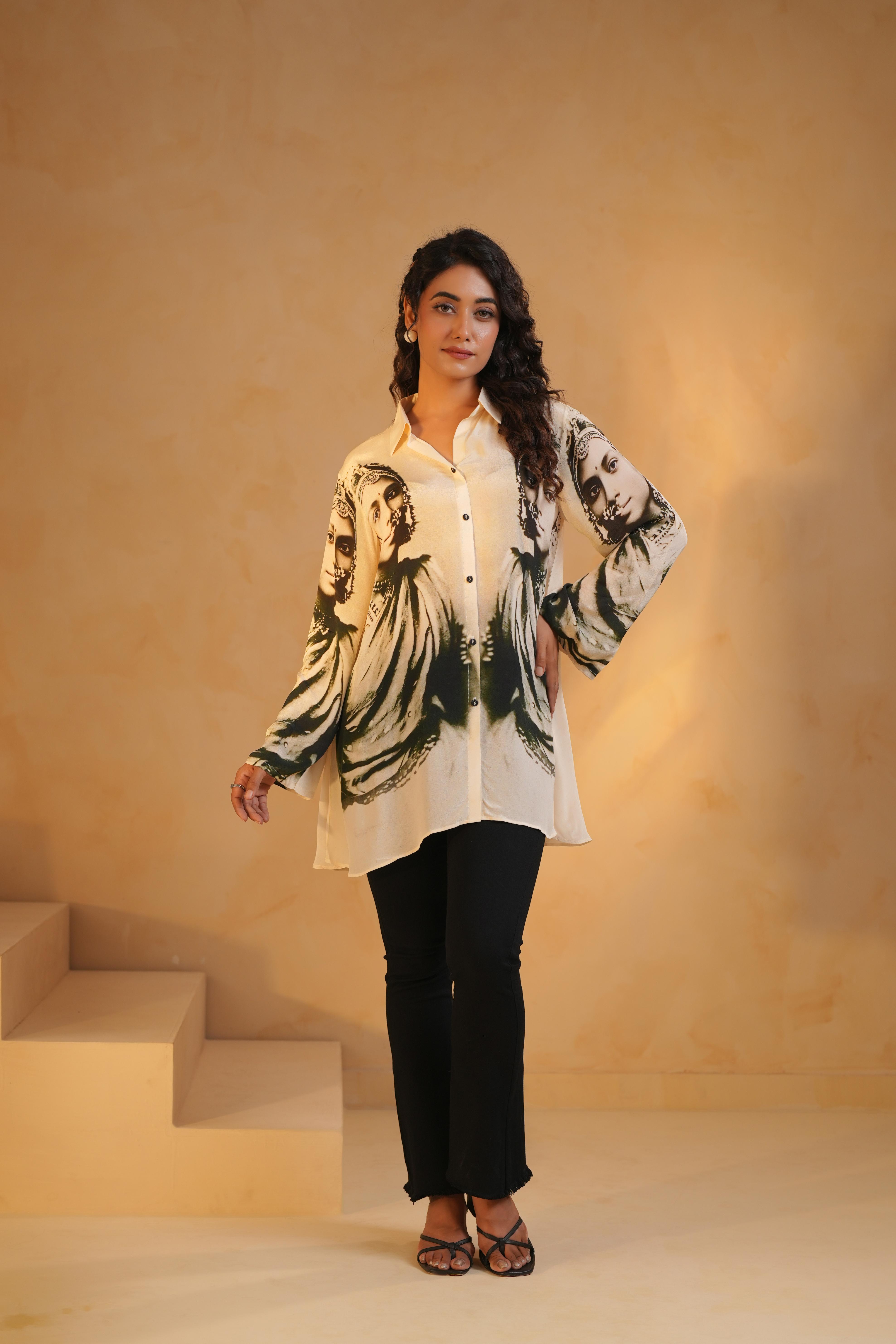 Classic White Printed Viscose Crepe Top