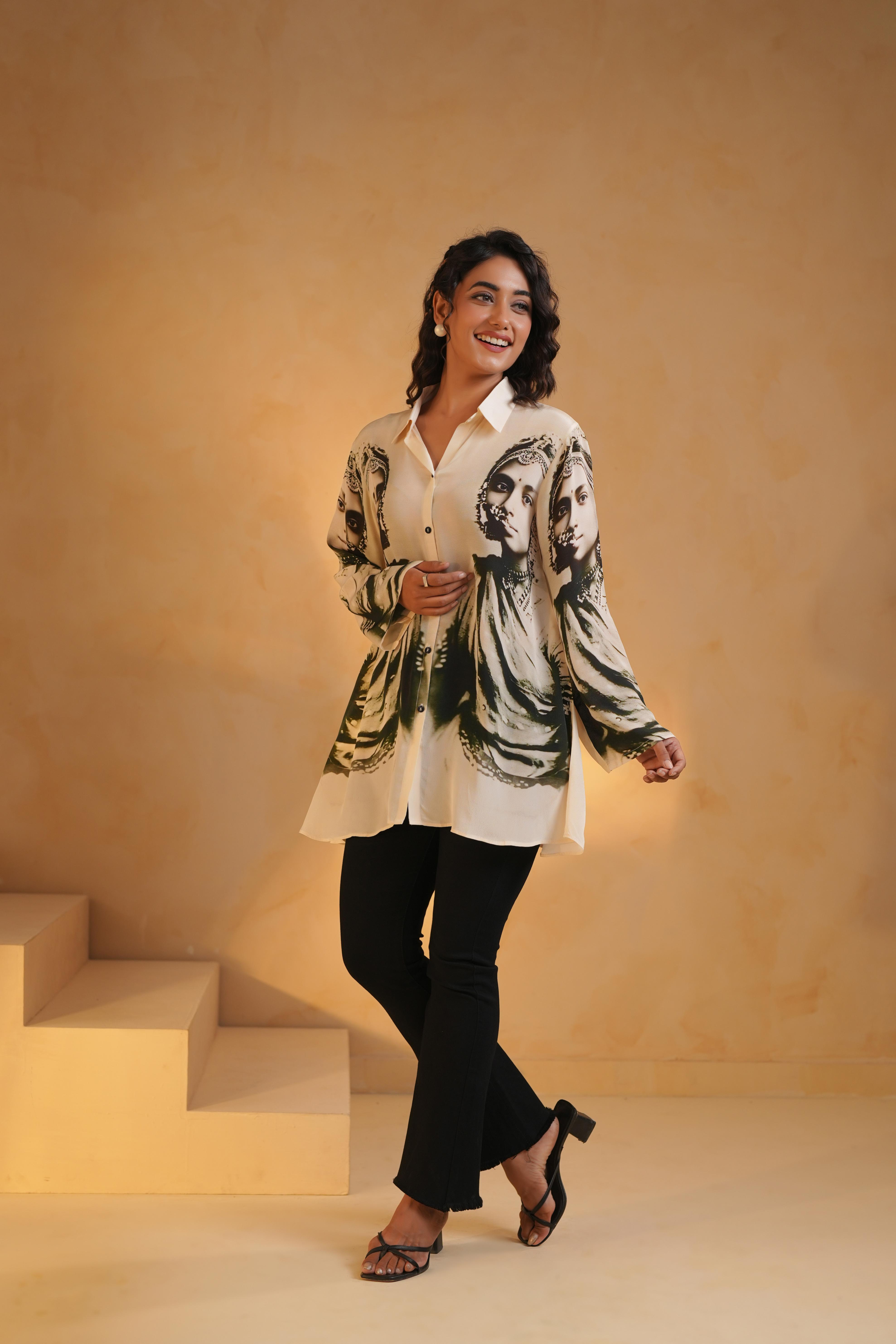 Classic White Printed Viscose Crepe Top