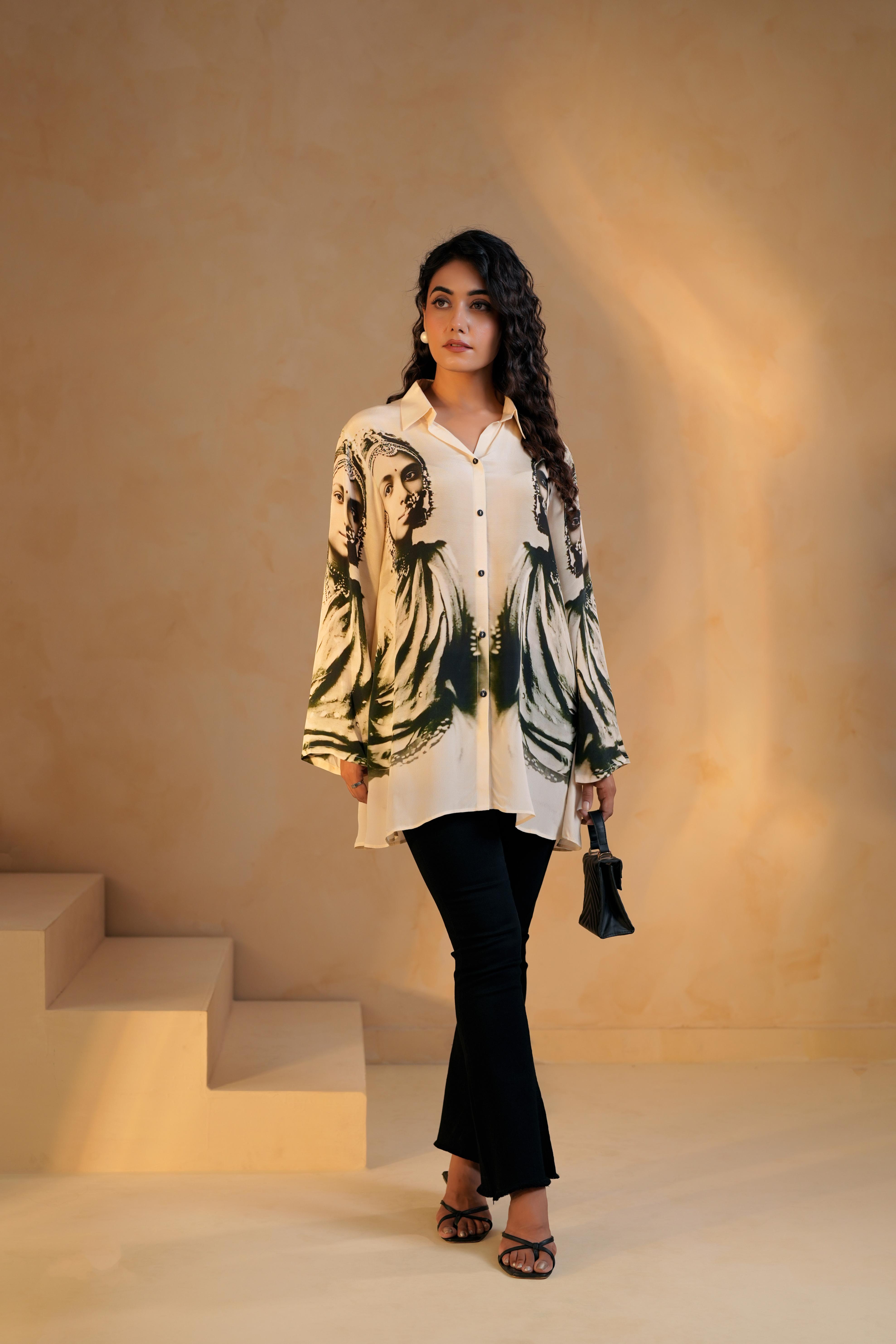 Classic White Printed Viscose Crepe Top