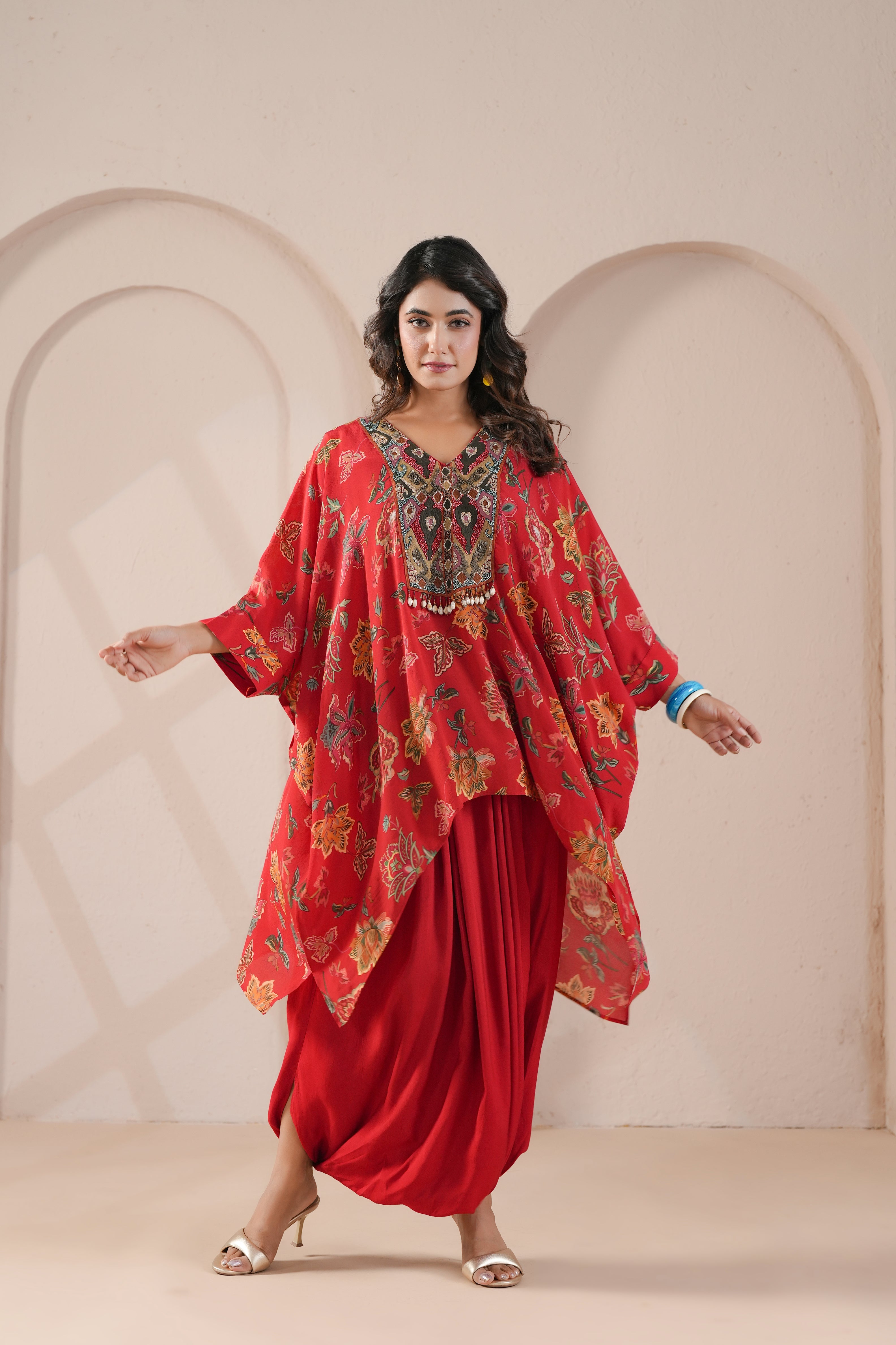 Crimson Red Printed Viscose Crepe Silk Dhoti Set