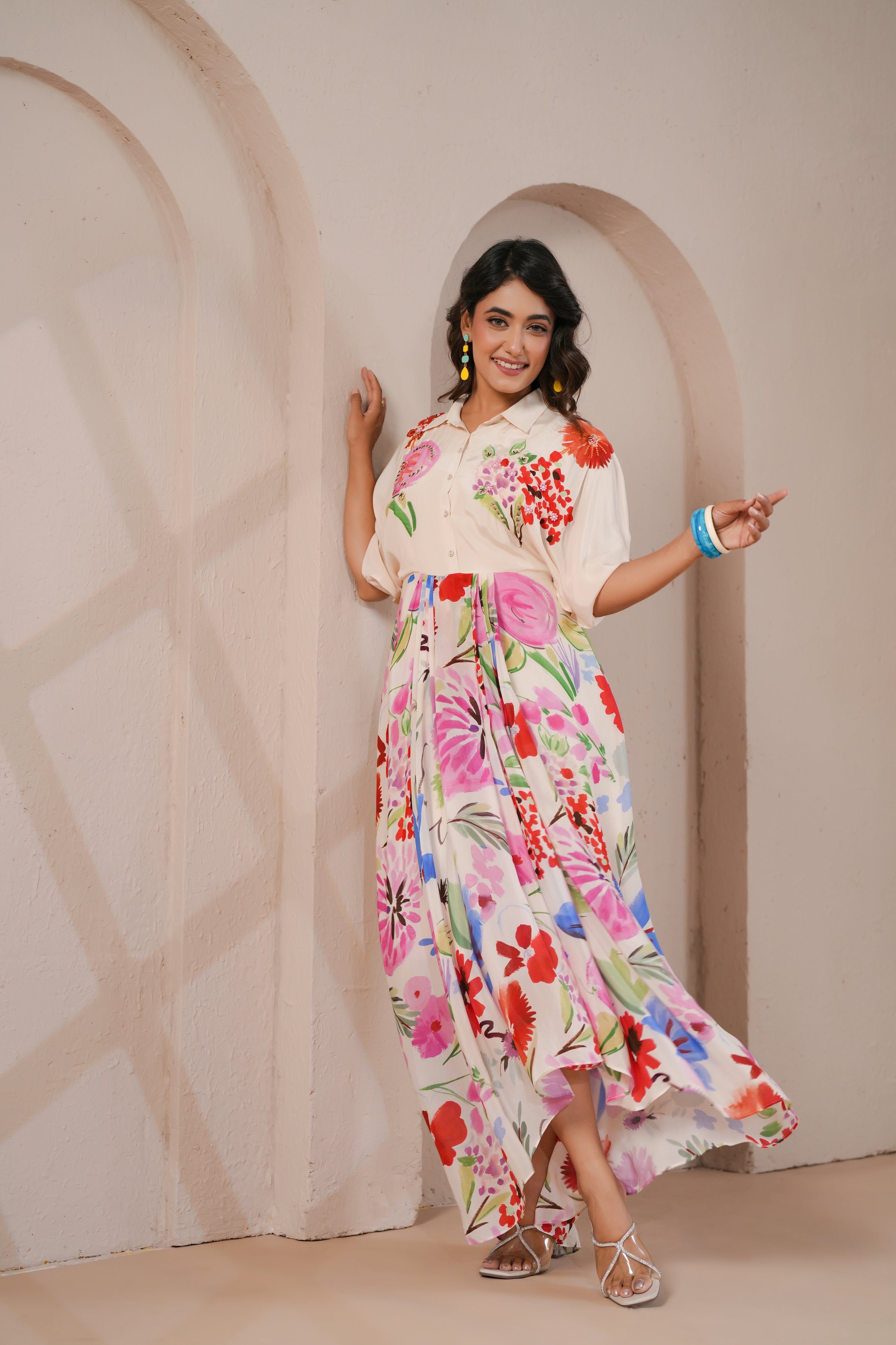 Floral Printed Viscose Crepe Silk Dress