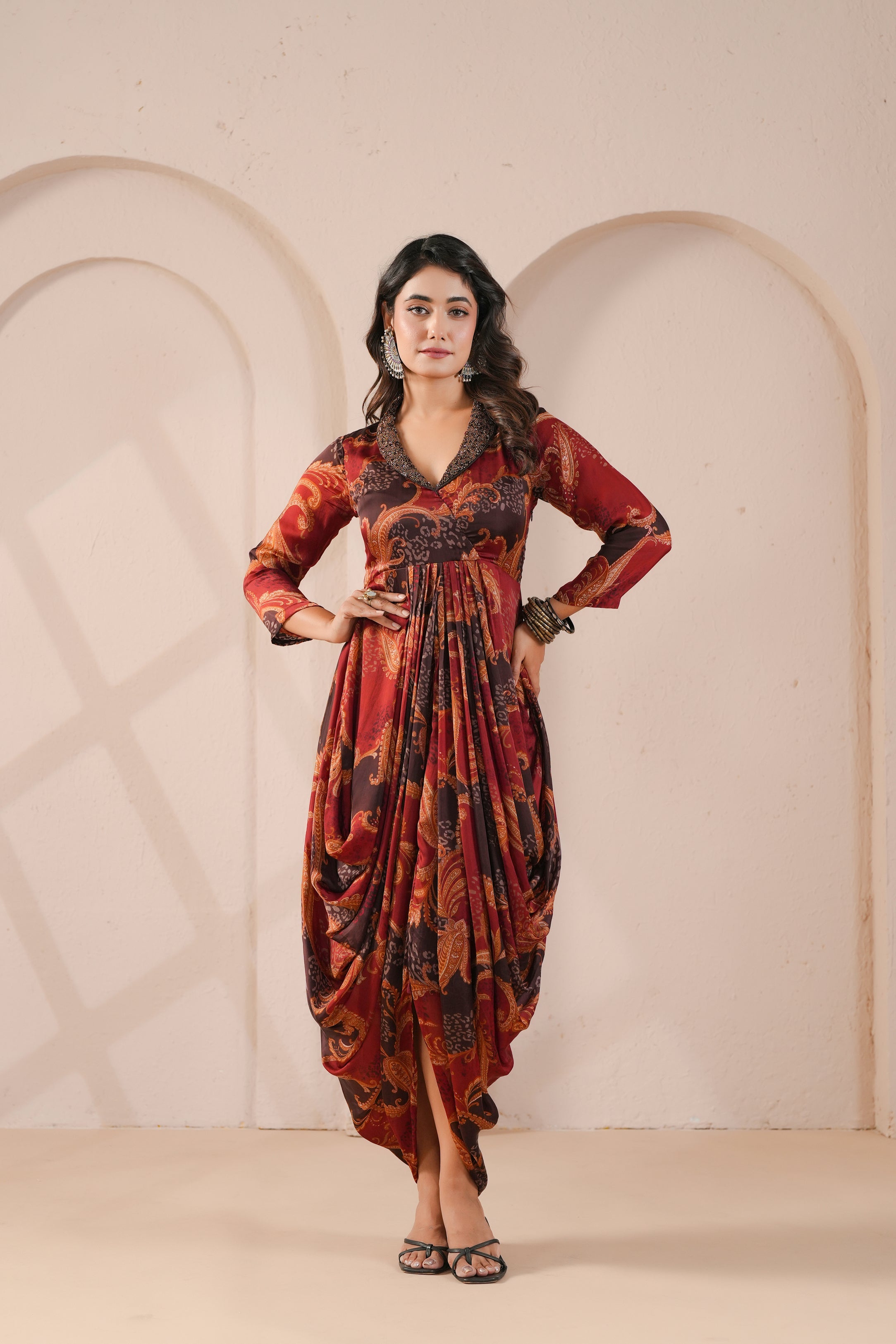 Maroon Paisley Printed Modal Silk Dress