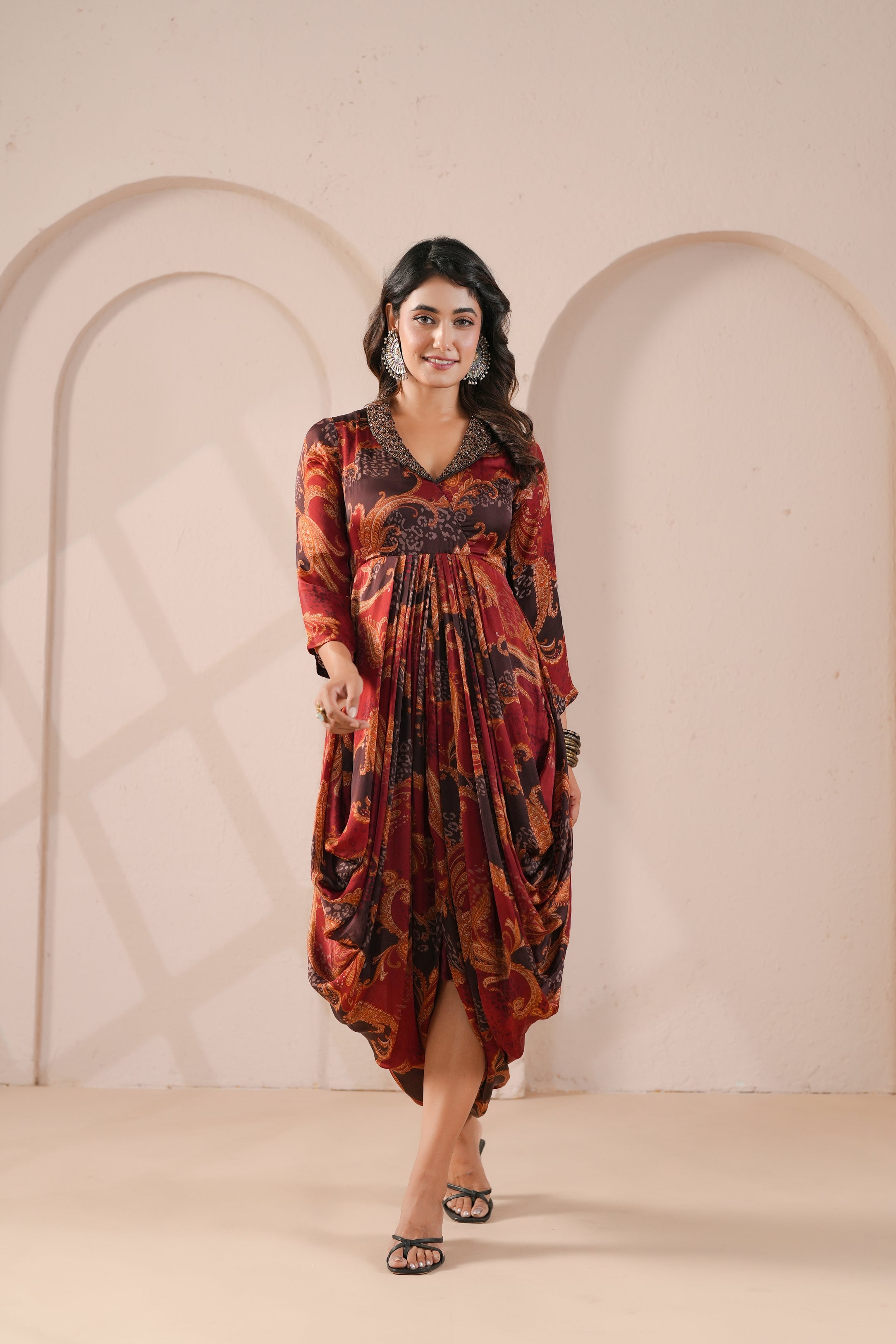 Maroon Paisley Printed Modal Silk Dress
