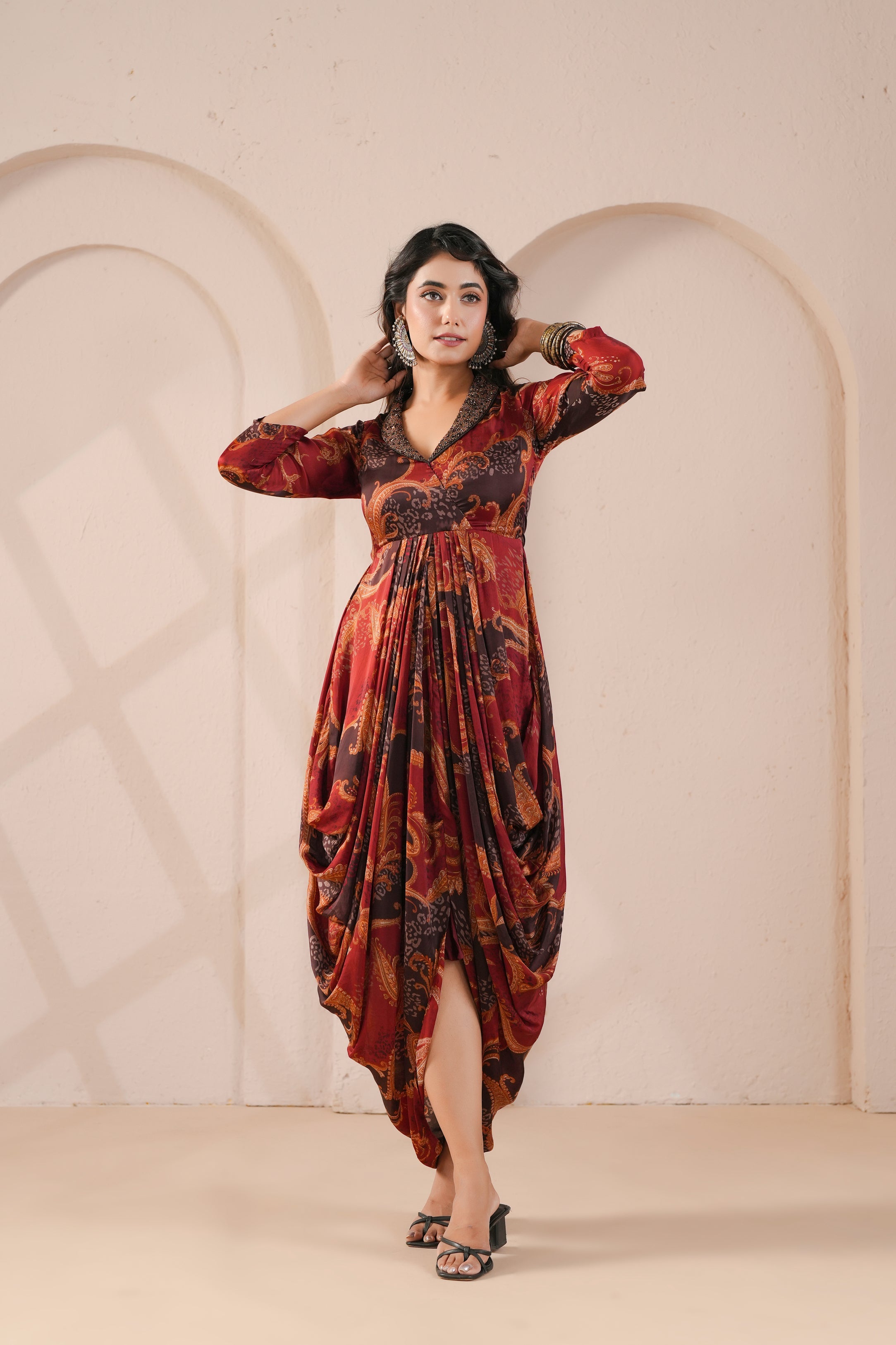 Maroon Paisley Printed Modal Silk Dress