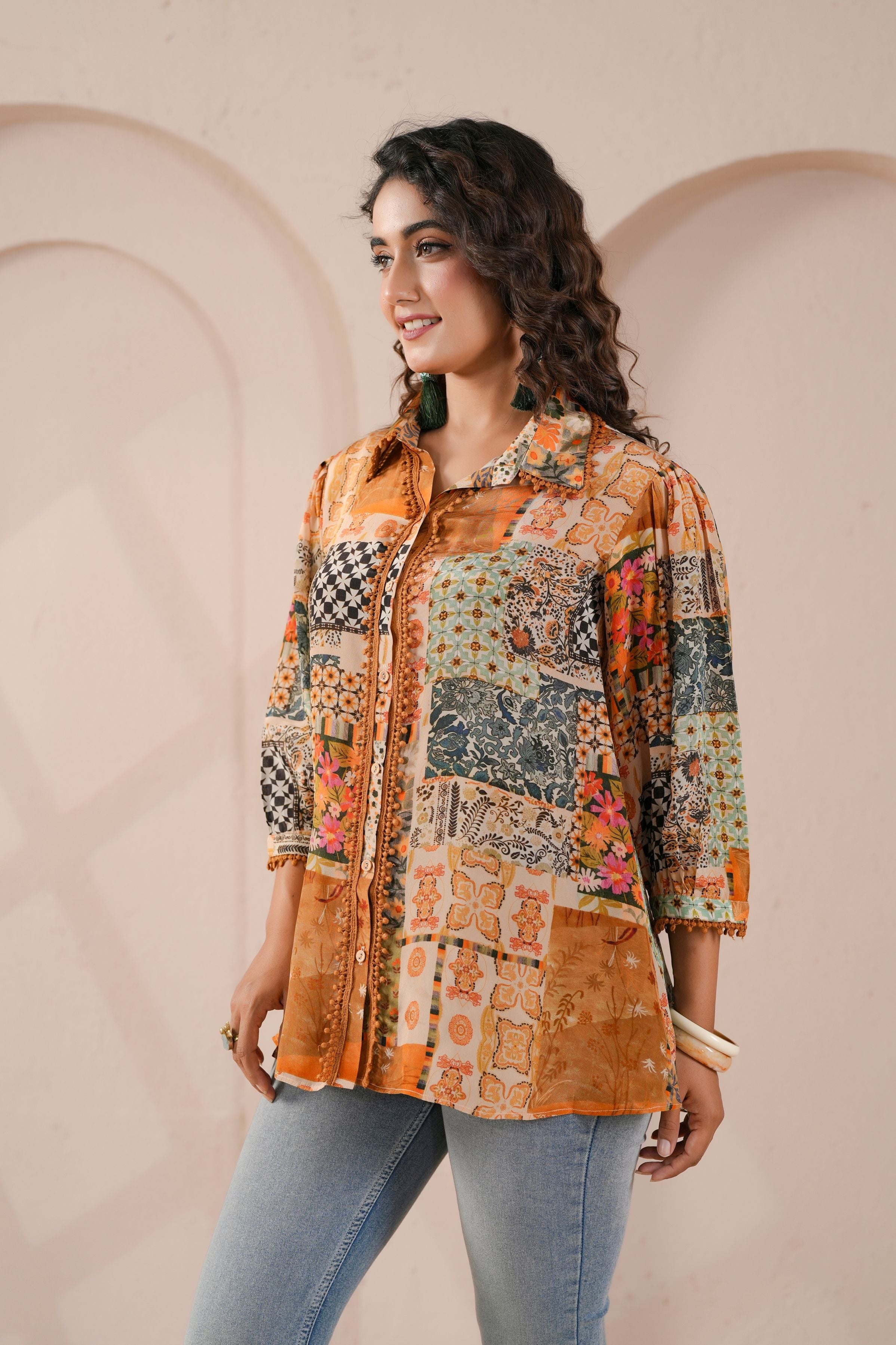 Orange Rust Printed Crepe Silk Shirt