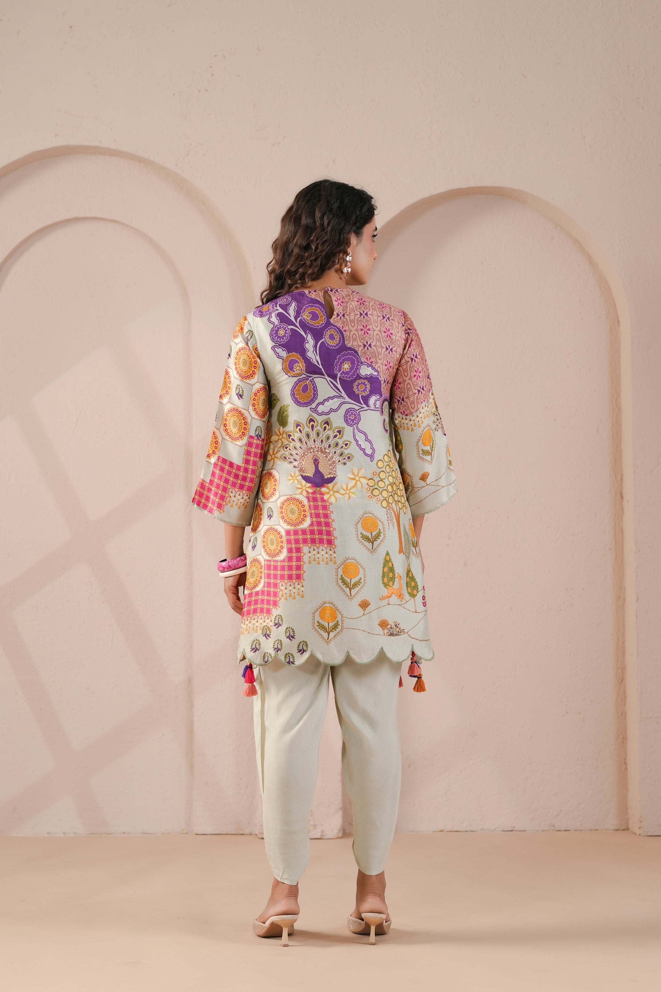 Peacock Forest Printed Dola Silk Co-Ord Set