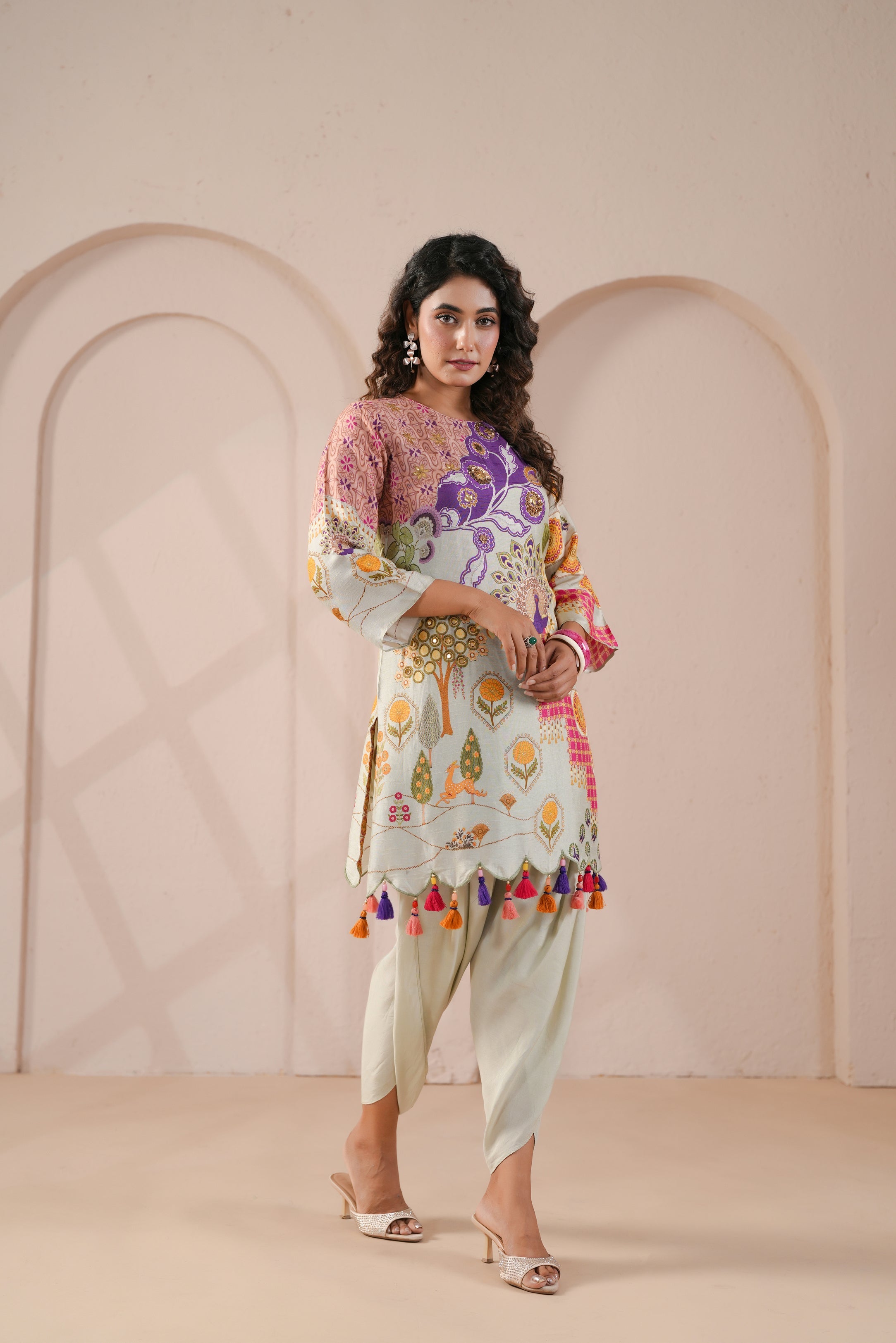 Peacock Forest Printed Dola Silk Co-Ord Set