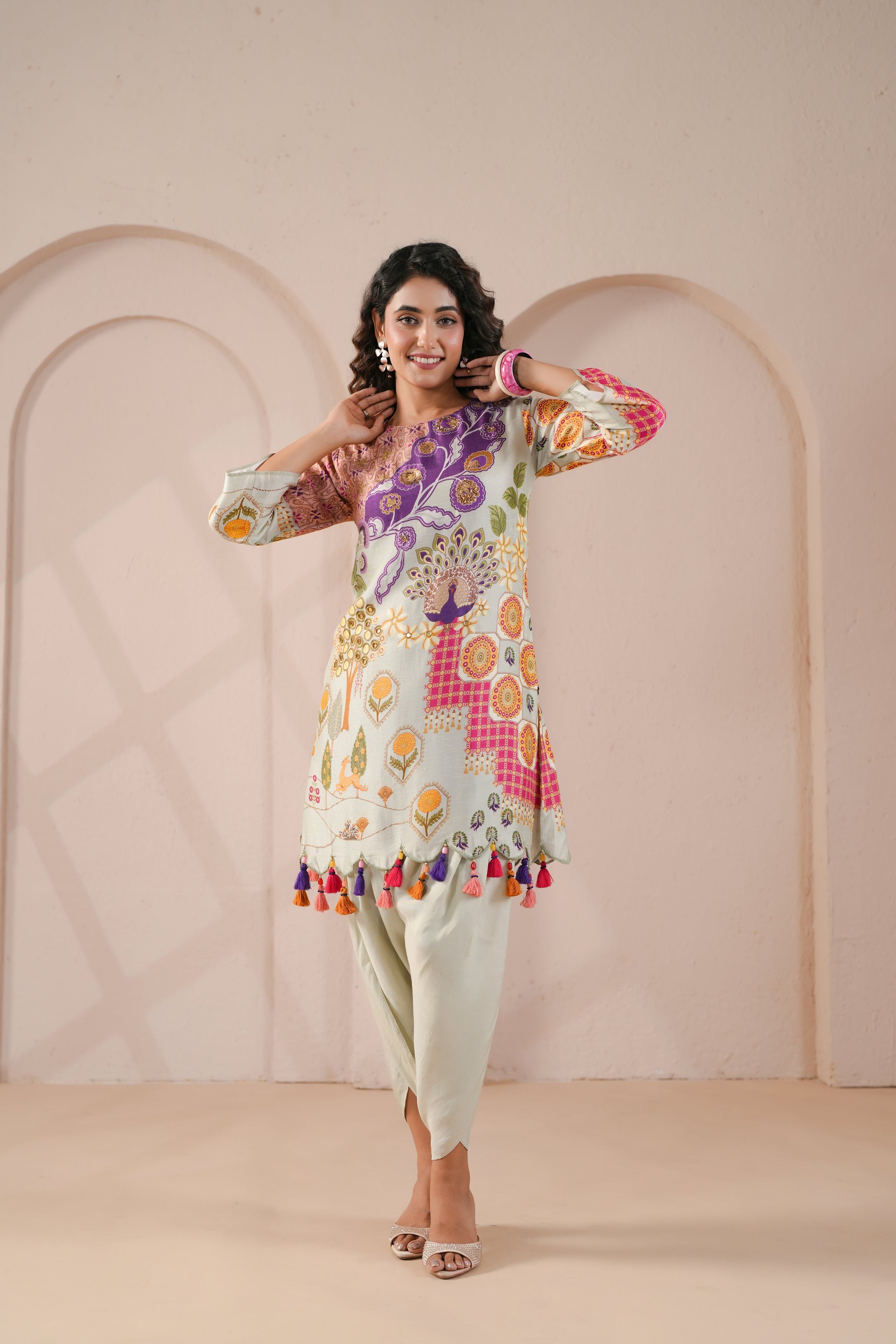 Peacock Forest Printed Dola Silk Co-Ord Set