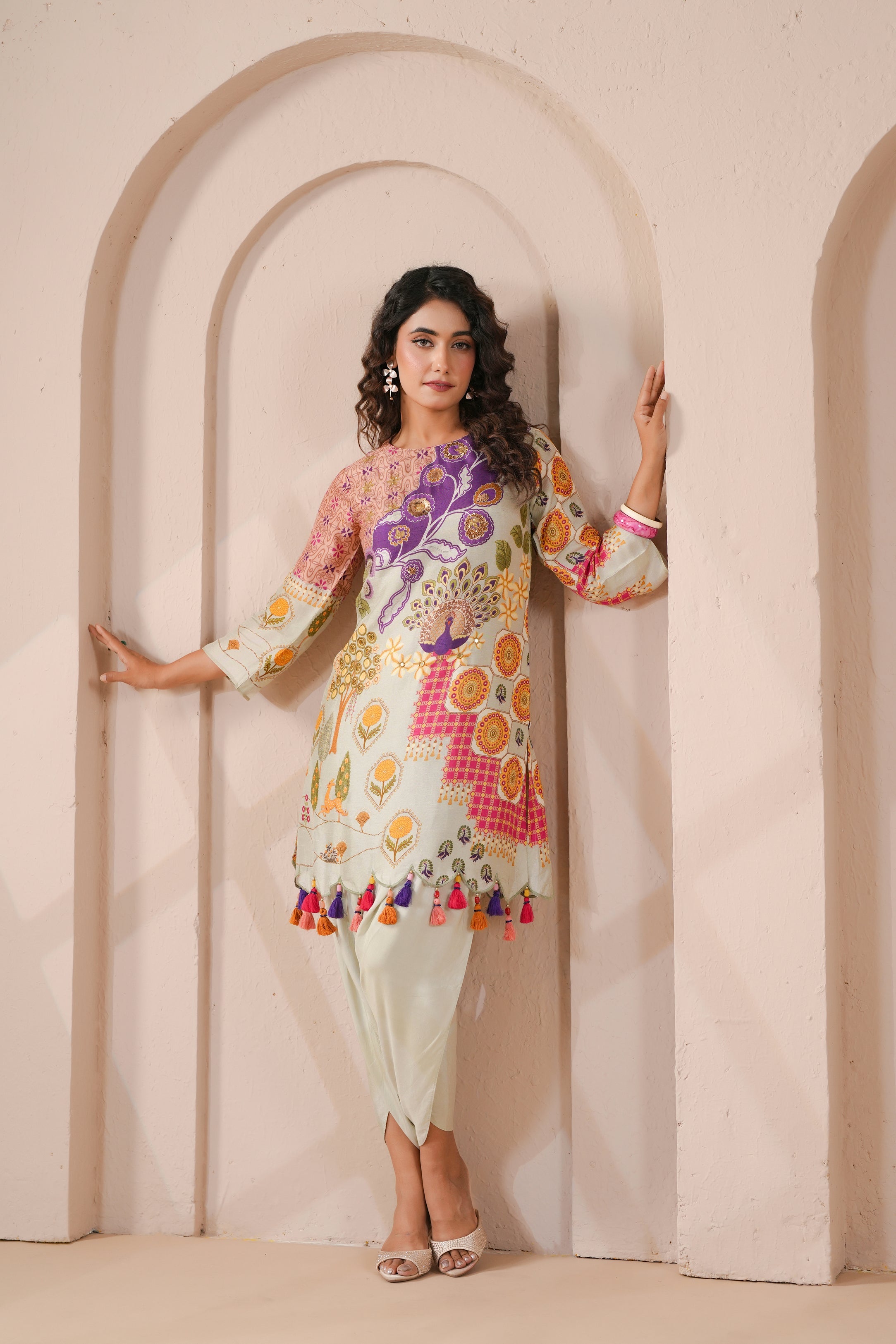 Peacock Forest Printed Dola Silk Co-Ord Set
